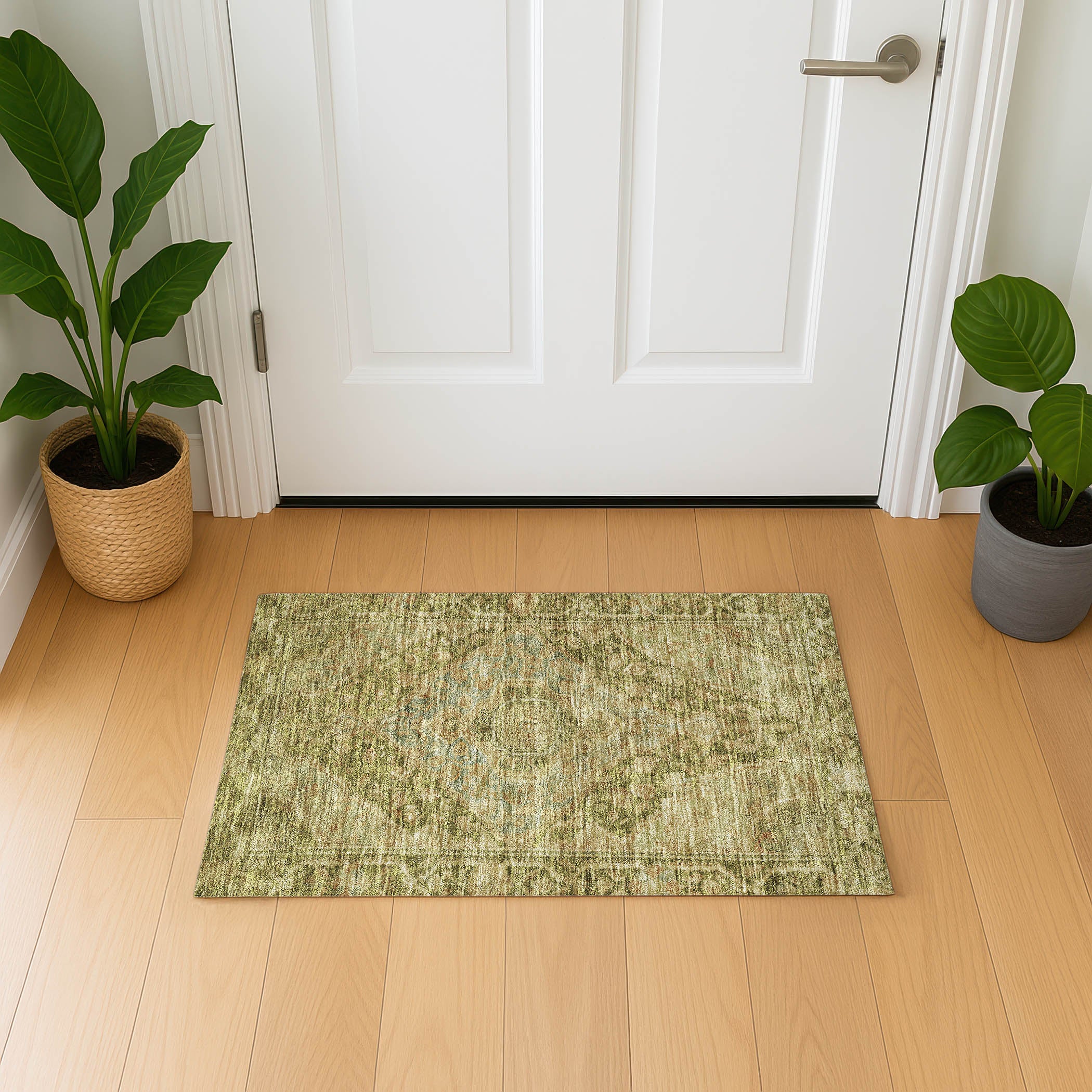 Porto Machine Washable Traditional Aloe Green Rug 1'8" x 2'6" #shape_Rectangle