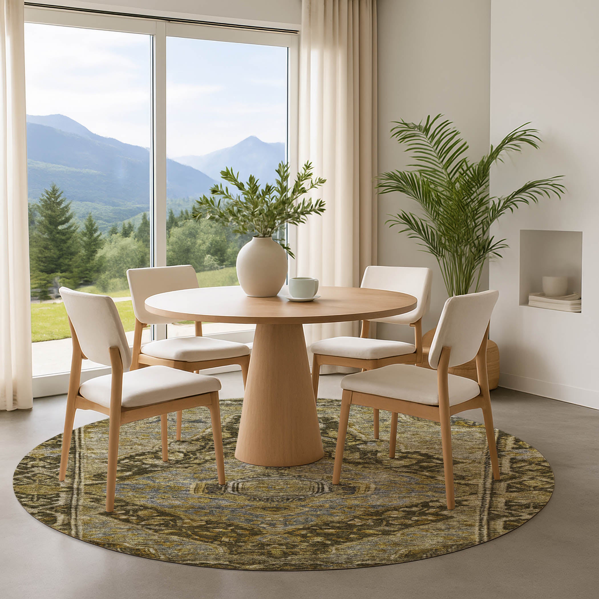 Porto Machine Washable Traditional Brown Rug 8' x 8' #shape_Round