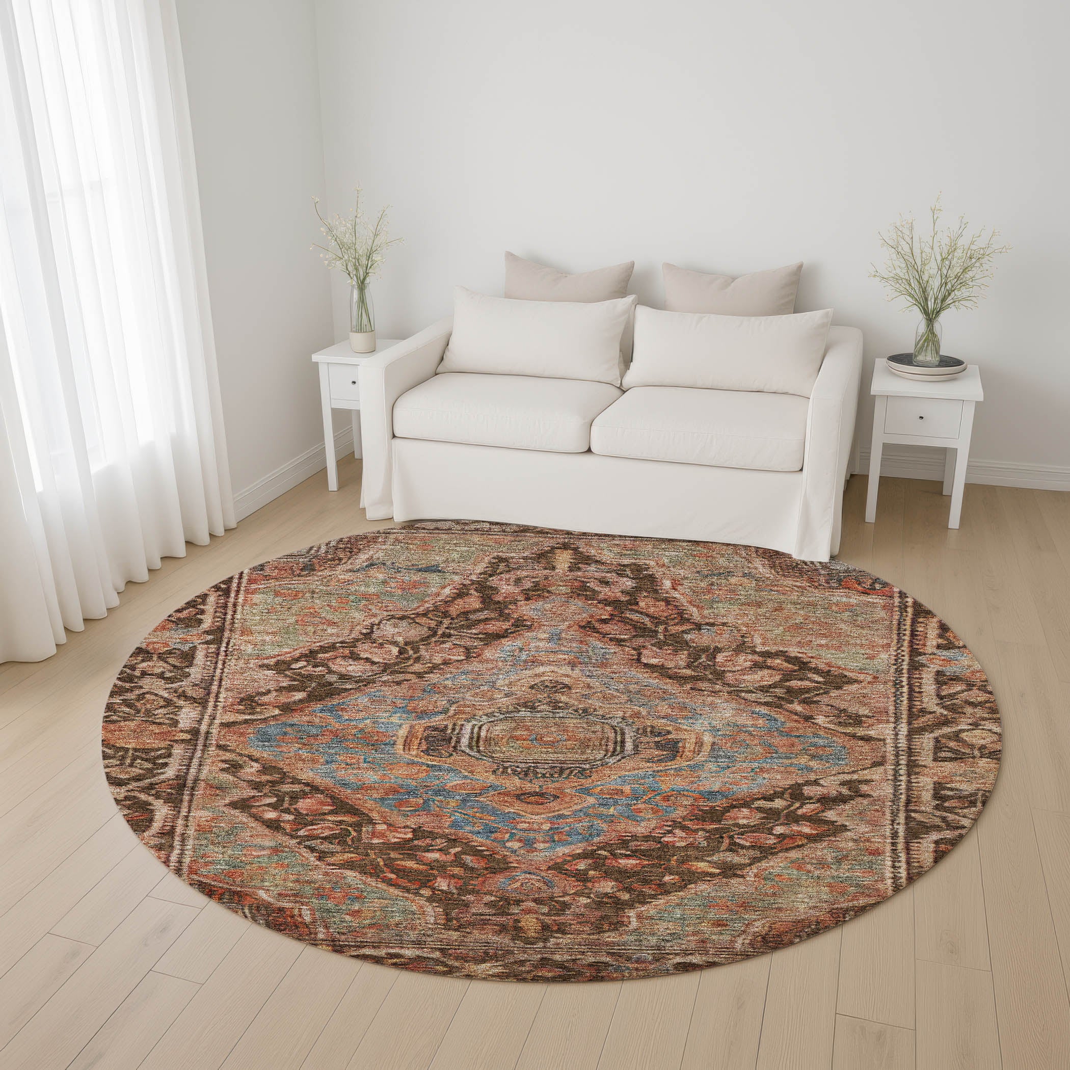 Porto Machine Washable Traditional Chocolate Brown Rug 8' x 8' #shape_Round
