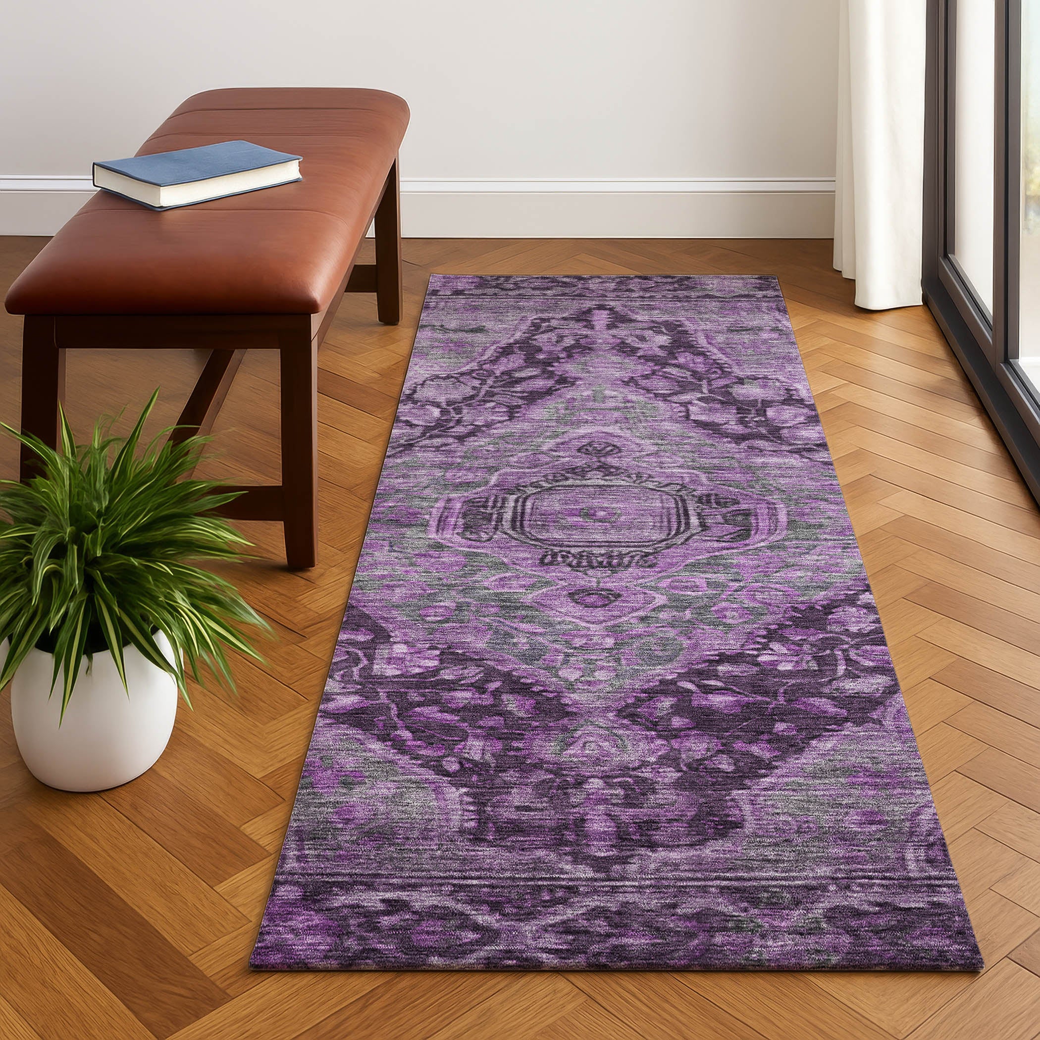 Porto Machine Washable Traditional Eggplant Purple Rug 2'3" x 7'6" #shape_Runner