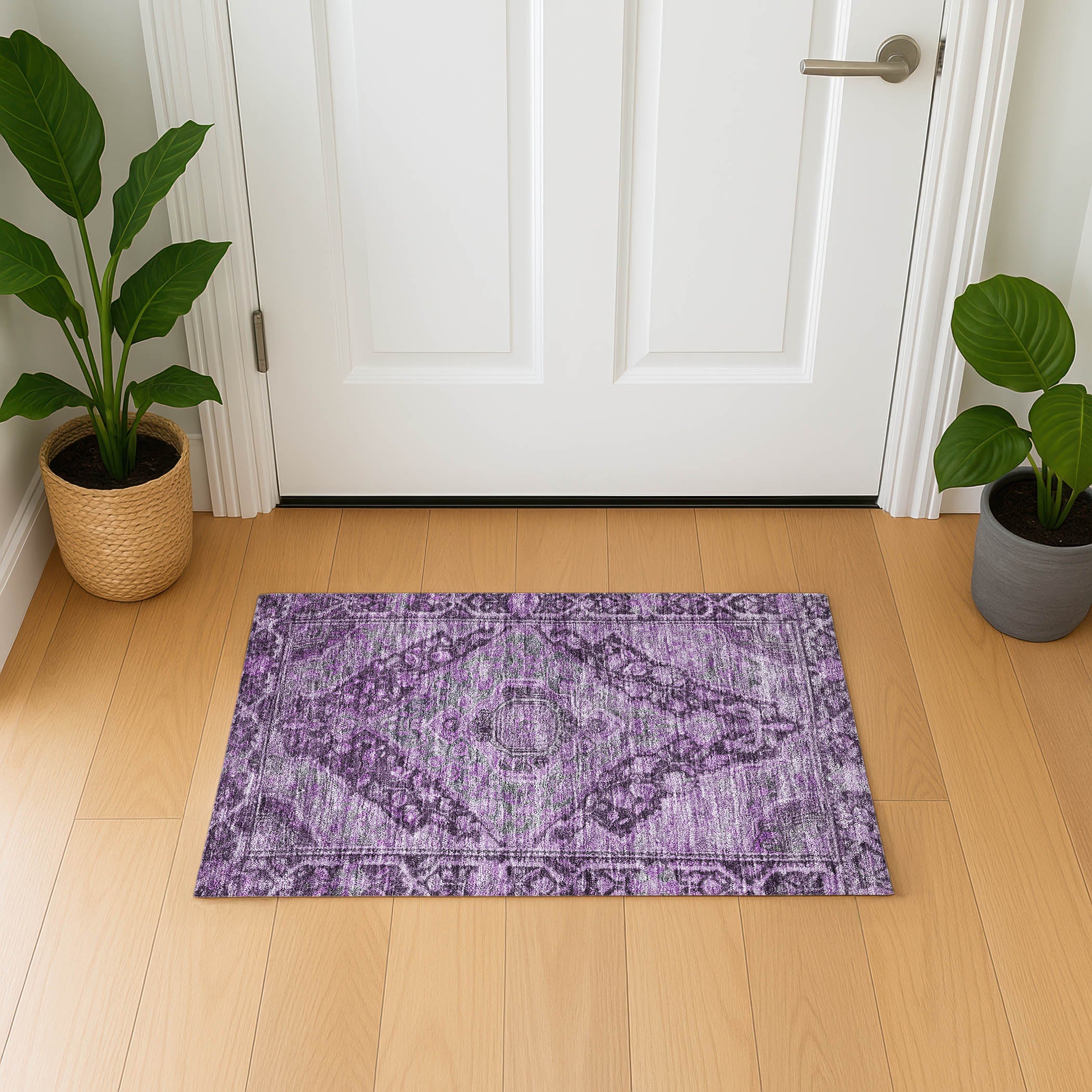 Porto Machine Washable Traditional Eggplant Purple Rug 1'8" x 2'6" #shape_Rectangle