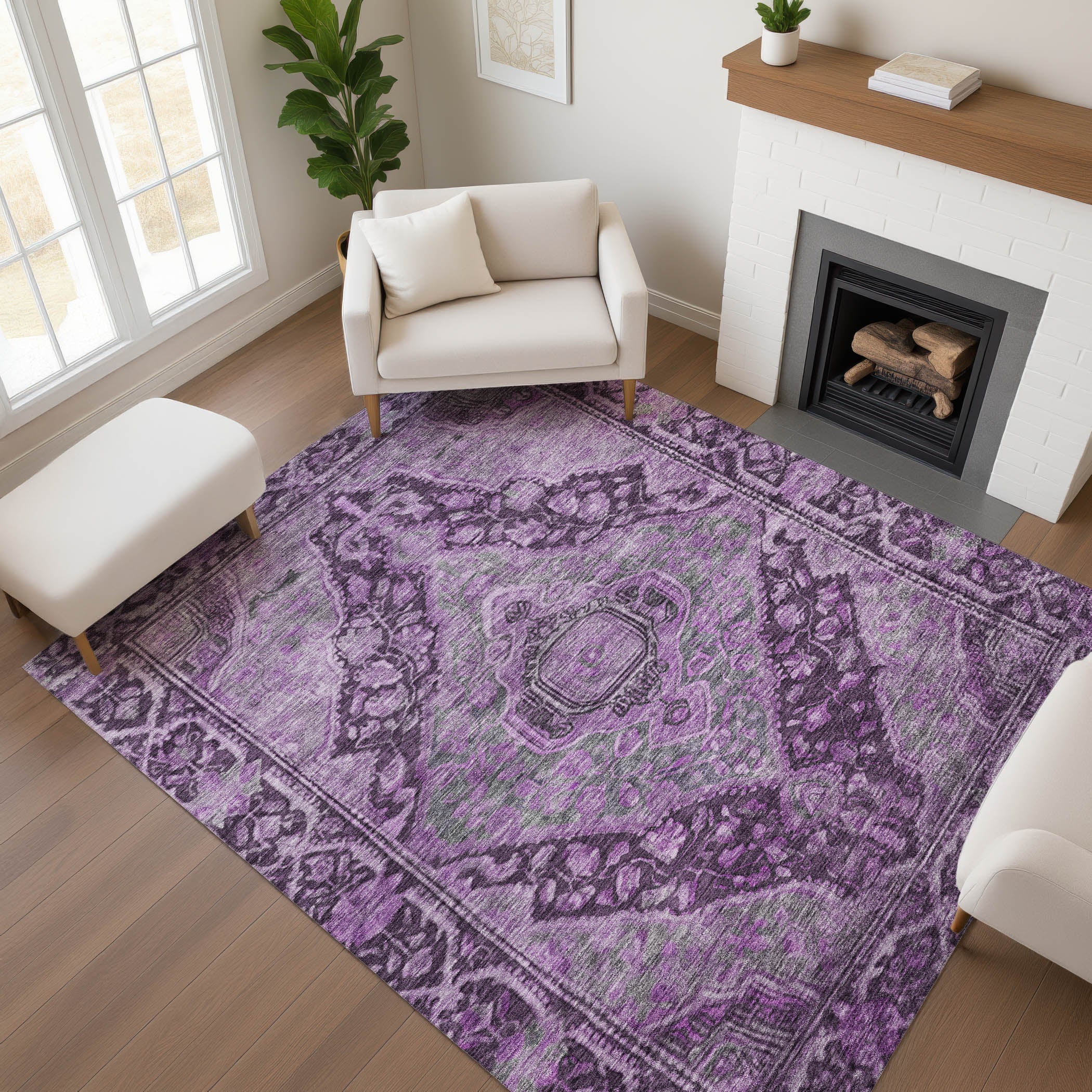 Porto Machine Washable Traditional Eggplant Purple Rug 2'6" x 3'10" #shape_Rectangle