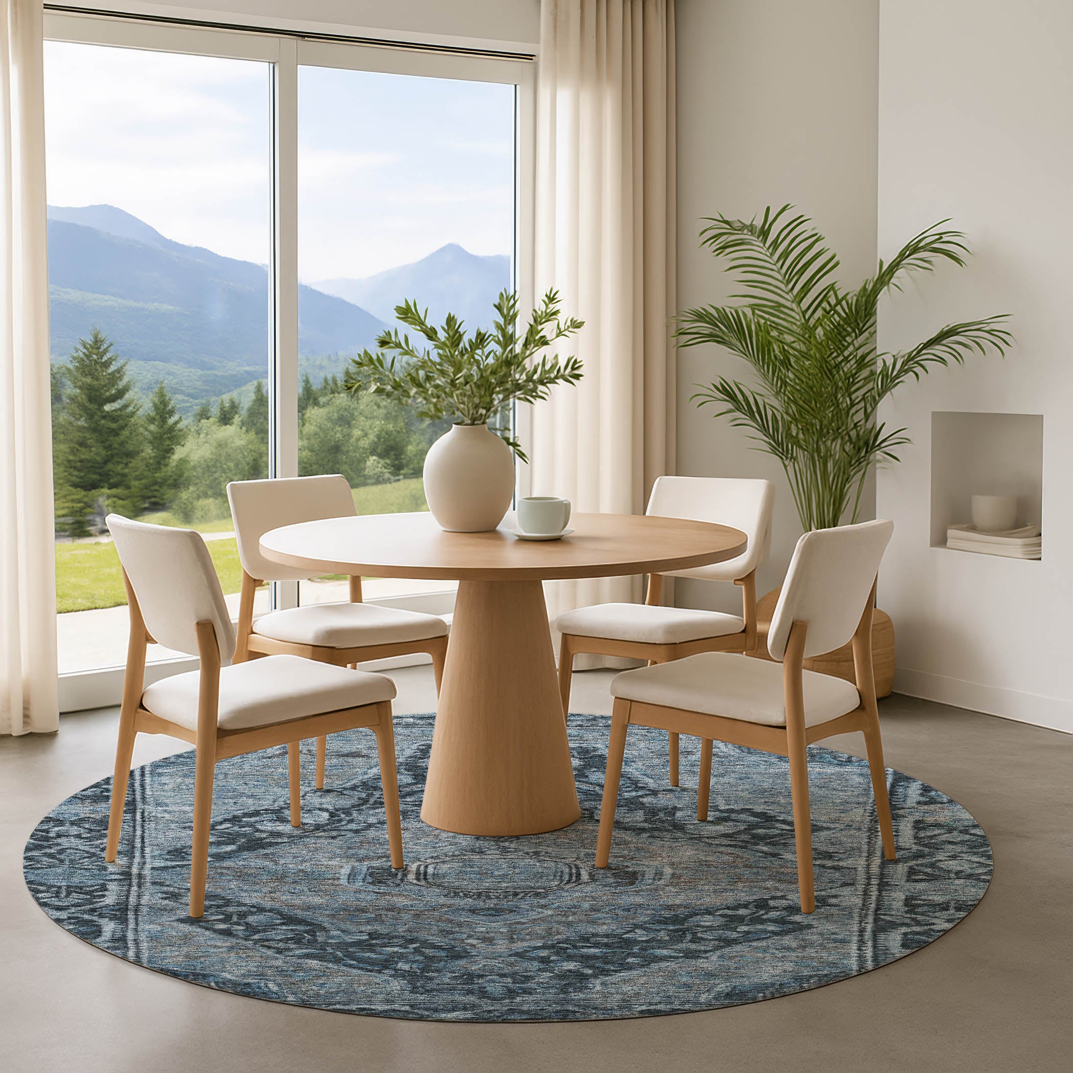 Porto Machine Washable Traditional Navy Blue Rug 8' x 8' #shape_Round