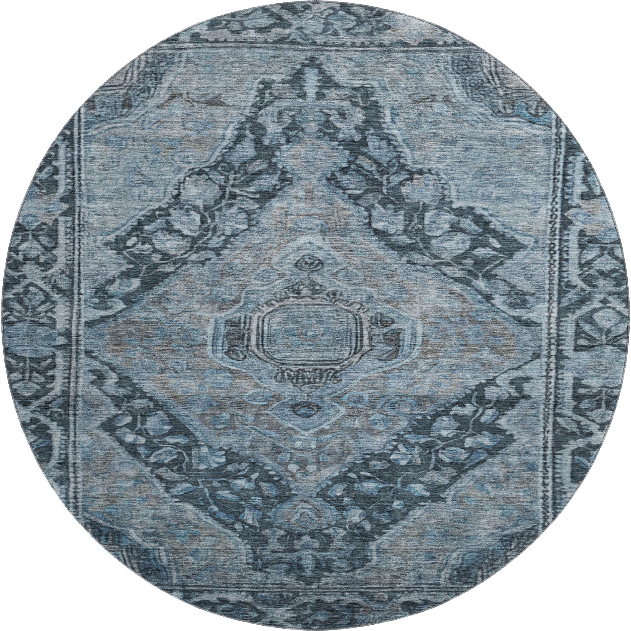 Porto Machine Washable Traditional Navy Blue Rug 8' x 8' #shape_Round