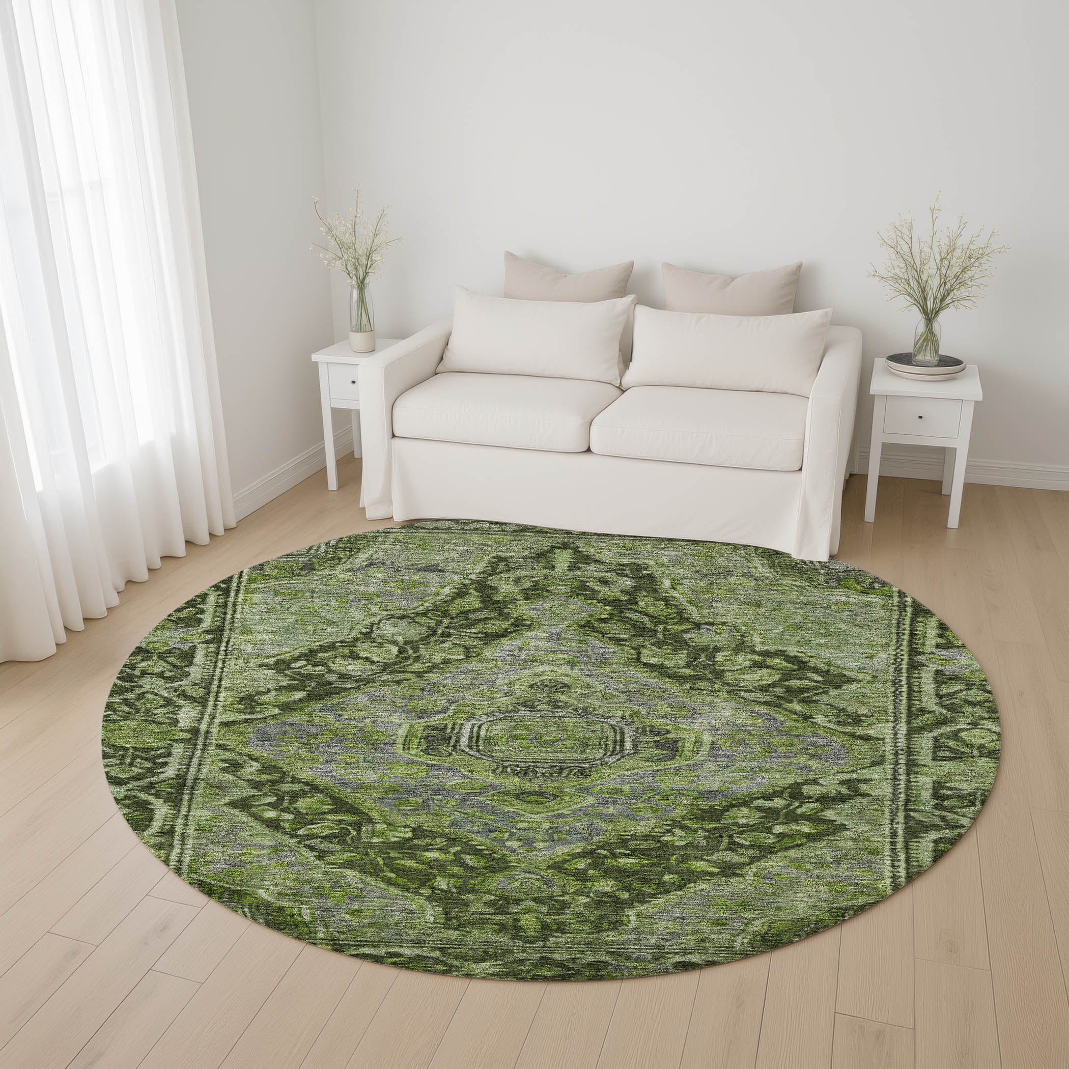 Porto Machine Washable Traditional Olive Green Rug 8' x 8' #shape_Round