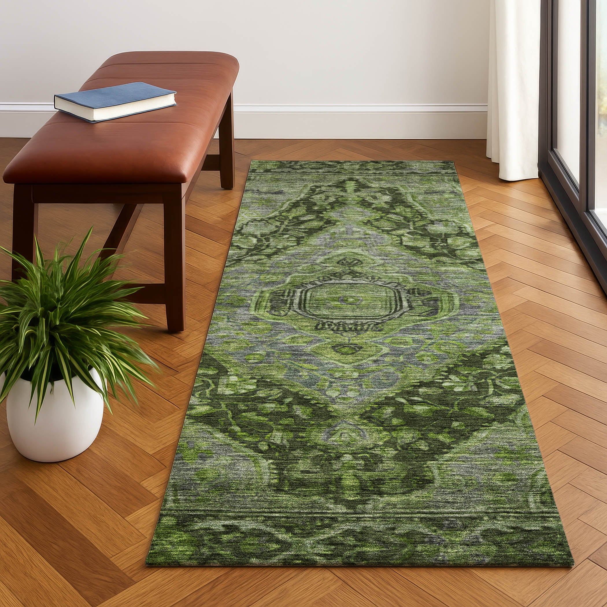 Porto Machine Washable Traditional Olive Green Rug 2'3" x 7'6" #shape_Runner