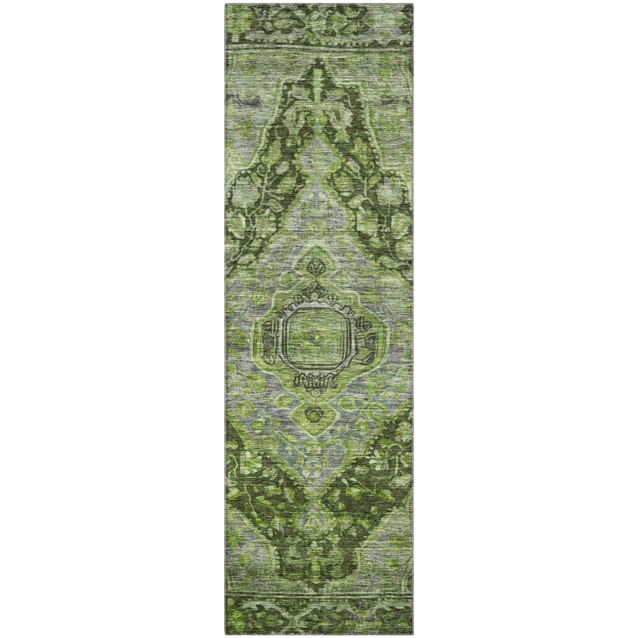 Porto Machine Washable Traditional Olive Green Rug 2'3" x 7'6" #shape_Runner