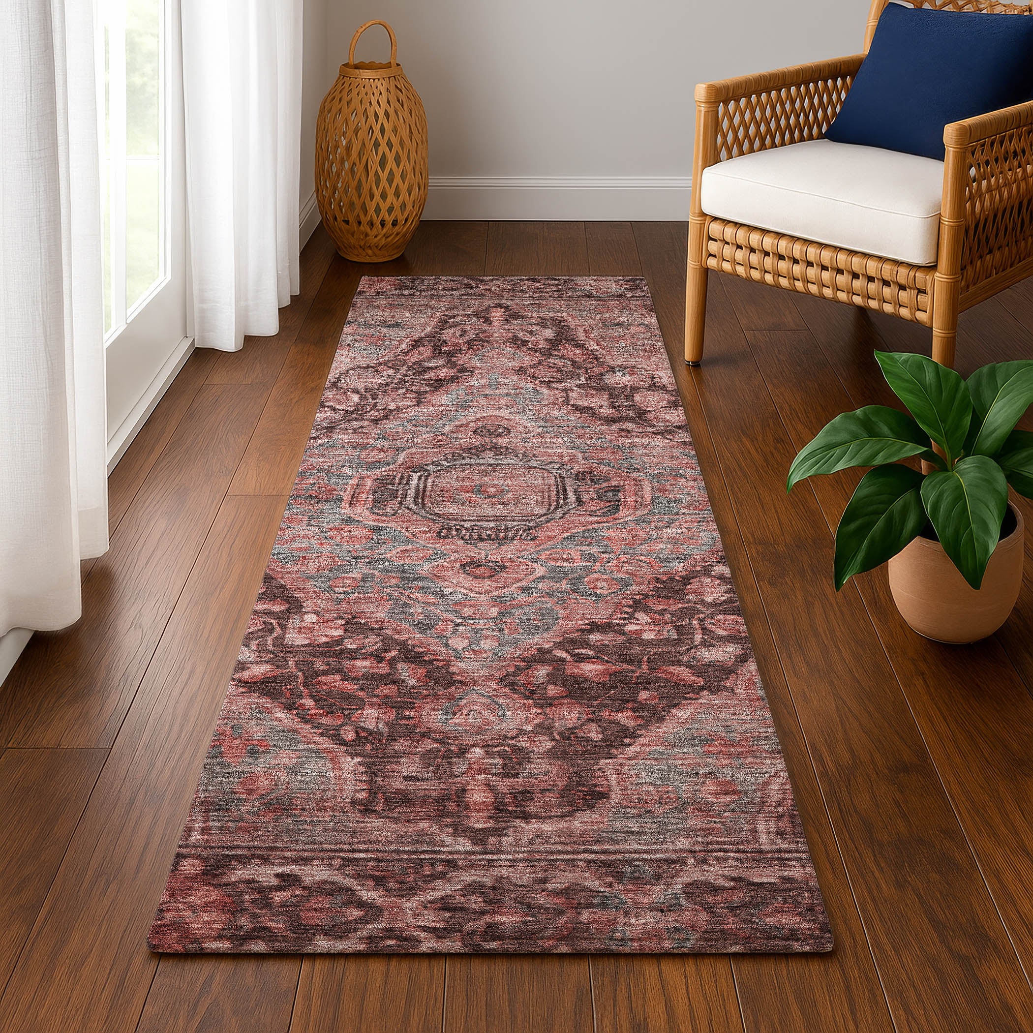 Porto Machine Washable Traditional Paprika Orange Rug 2'3" x 7'6" #shape_Runner