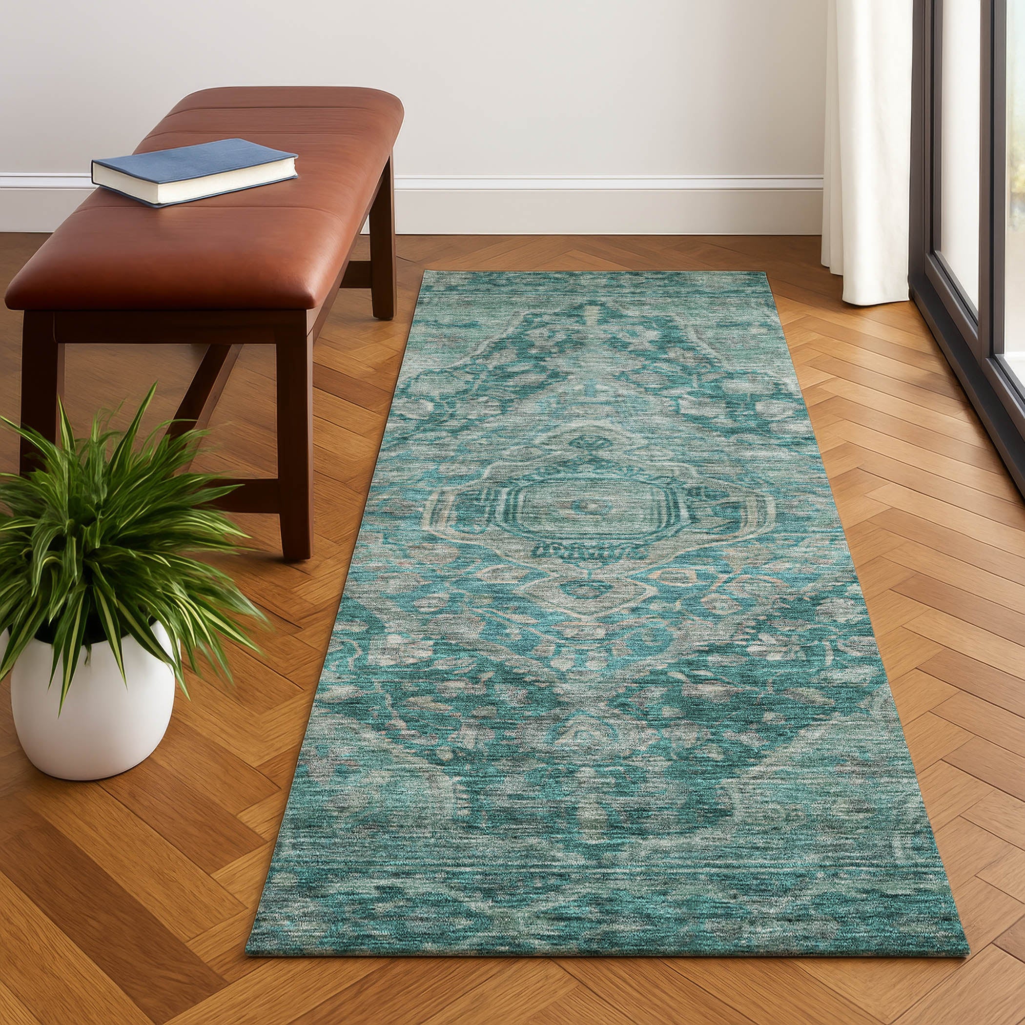 Porto Machine Washable Traditional Teal Rug 2'3" x 7'6" #shape_Runner