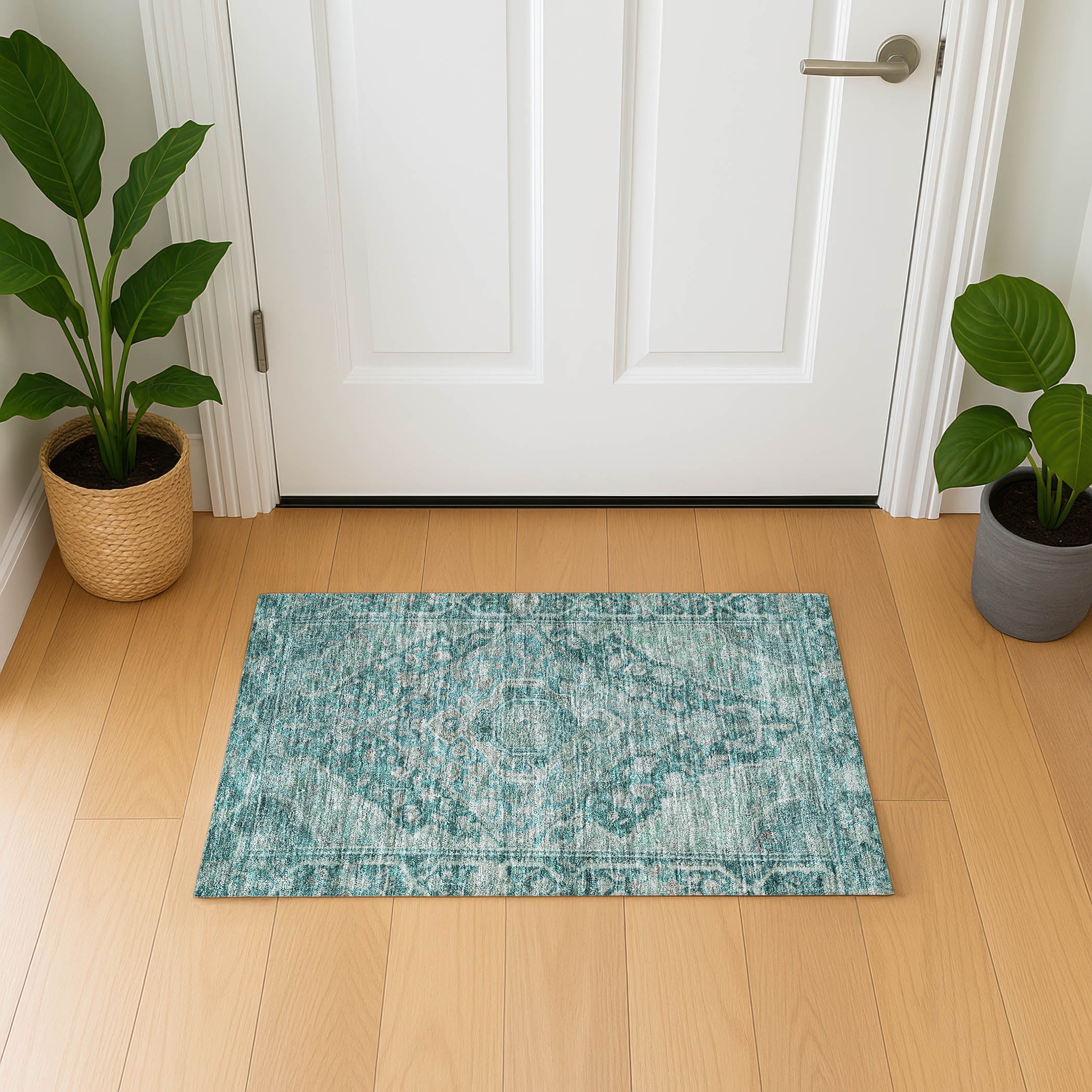 Porto Machine Washable Traditional Teal Rug 1'8" x 2'6" #shape_Rectangle