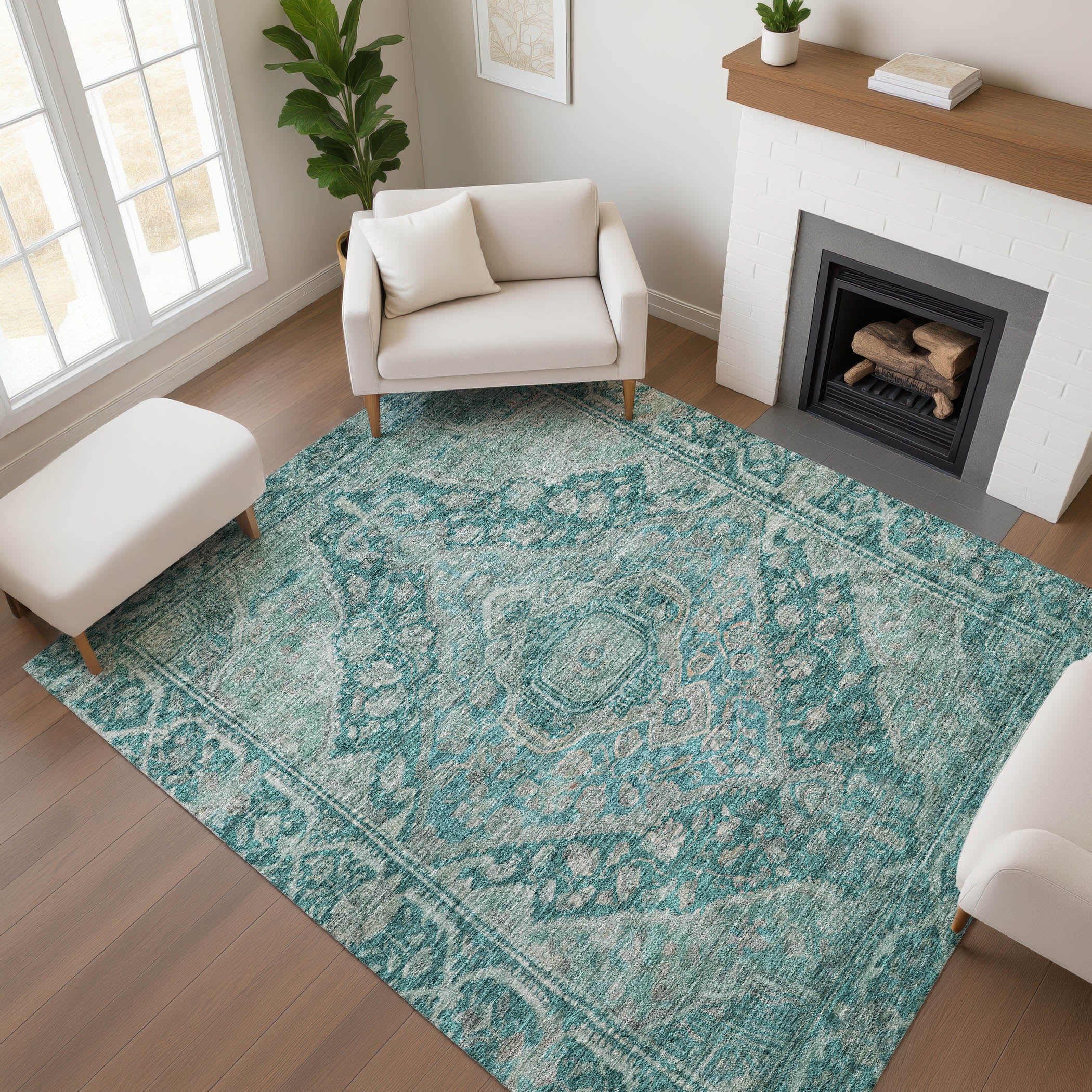 Porto Machine Washable Traditional Teal Rug 2'6" x 3'10" #shape_Rectangle
