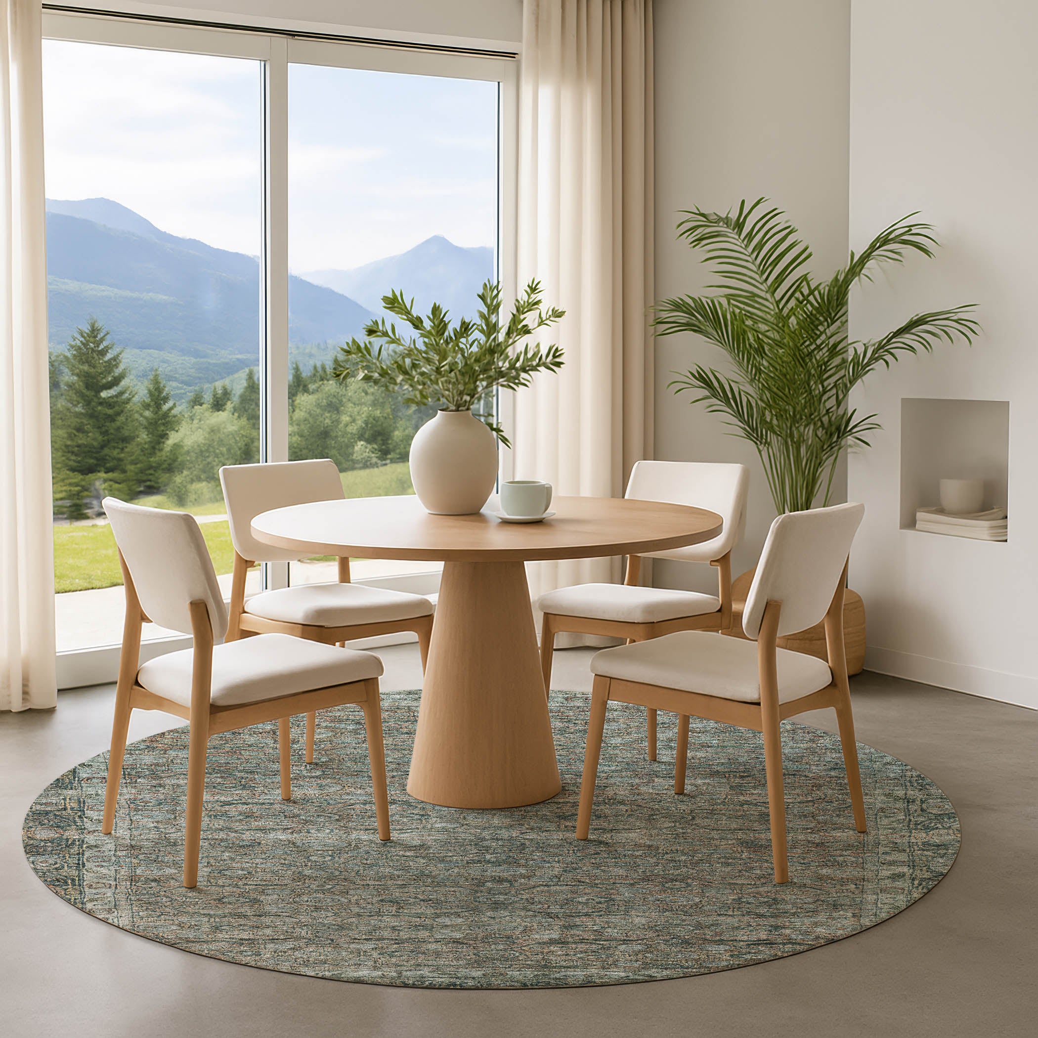Salzburg Machine Washable Traditional Teal Rug 8' x 8' #shape_Round