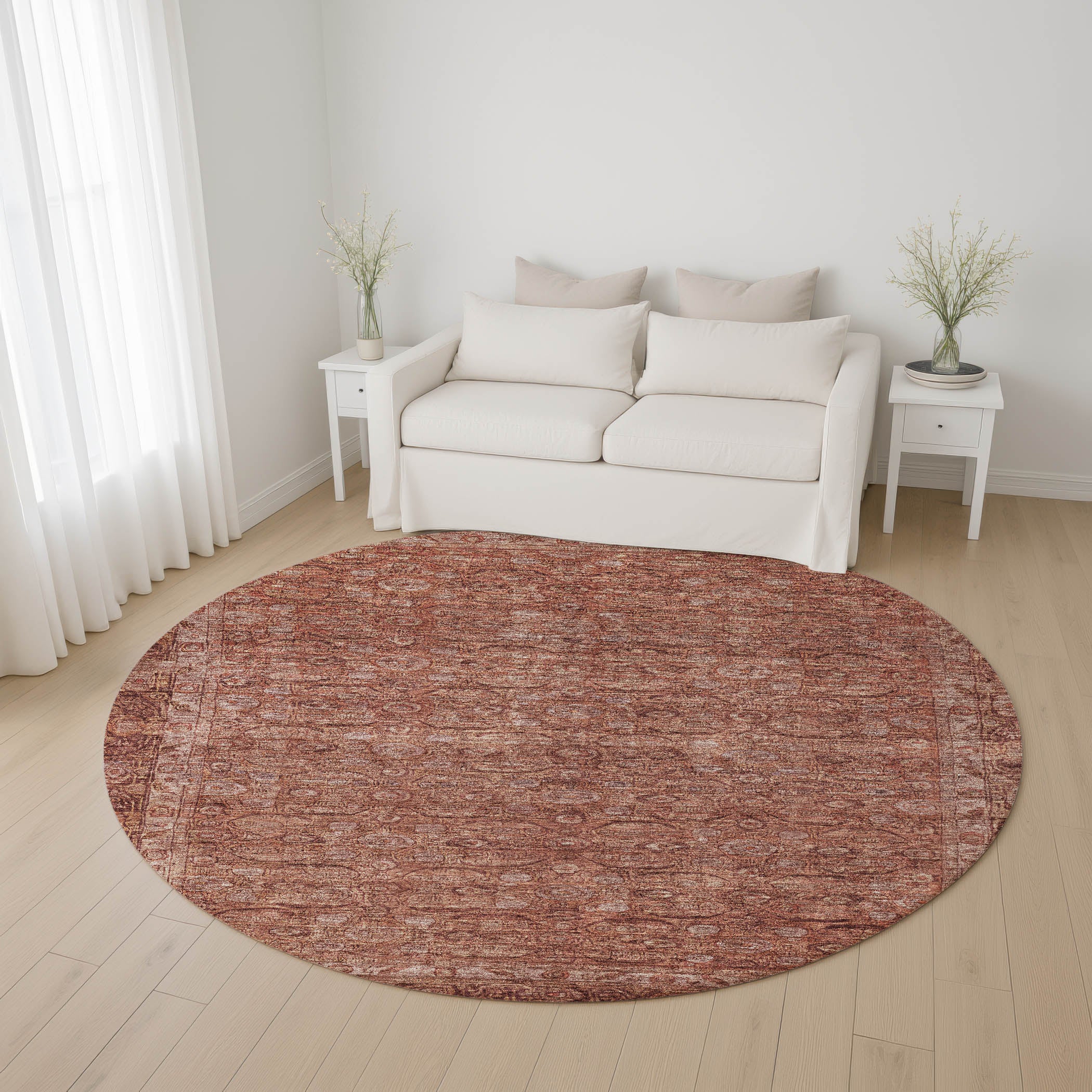 Salzburg Machine Washable Traditional Terracotta Orange Rug 8' x 8' #shape_Round
