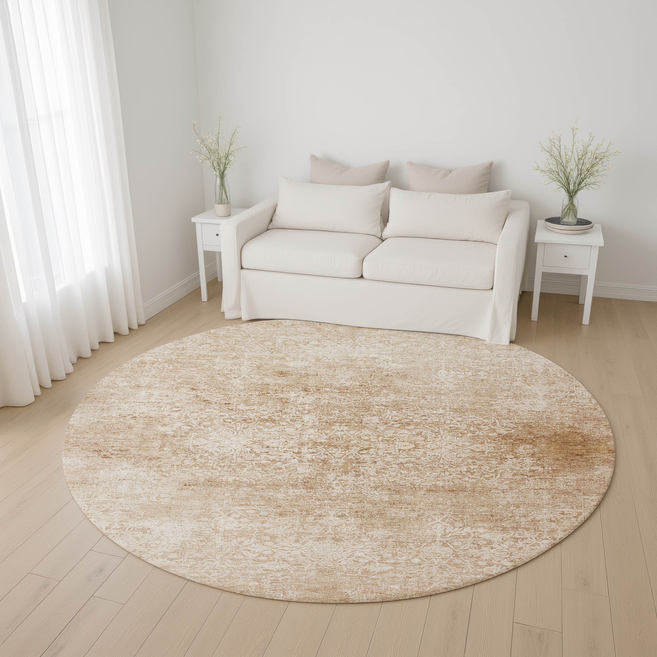 Montevideo Machine Washable Traditional Coral Orange Rug 8' x 8' #shape_Round