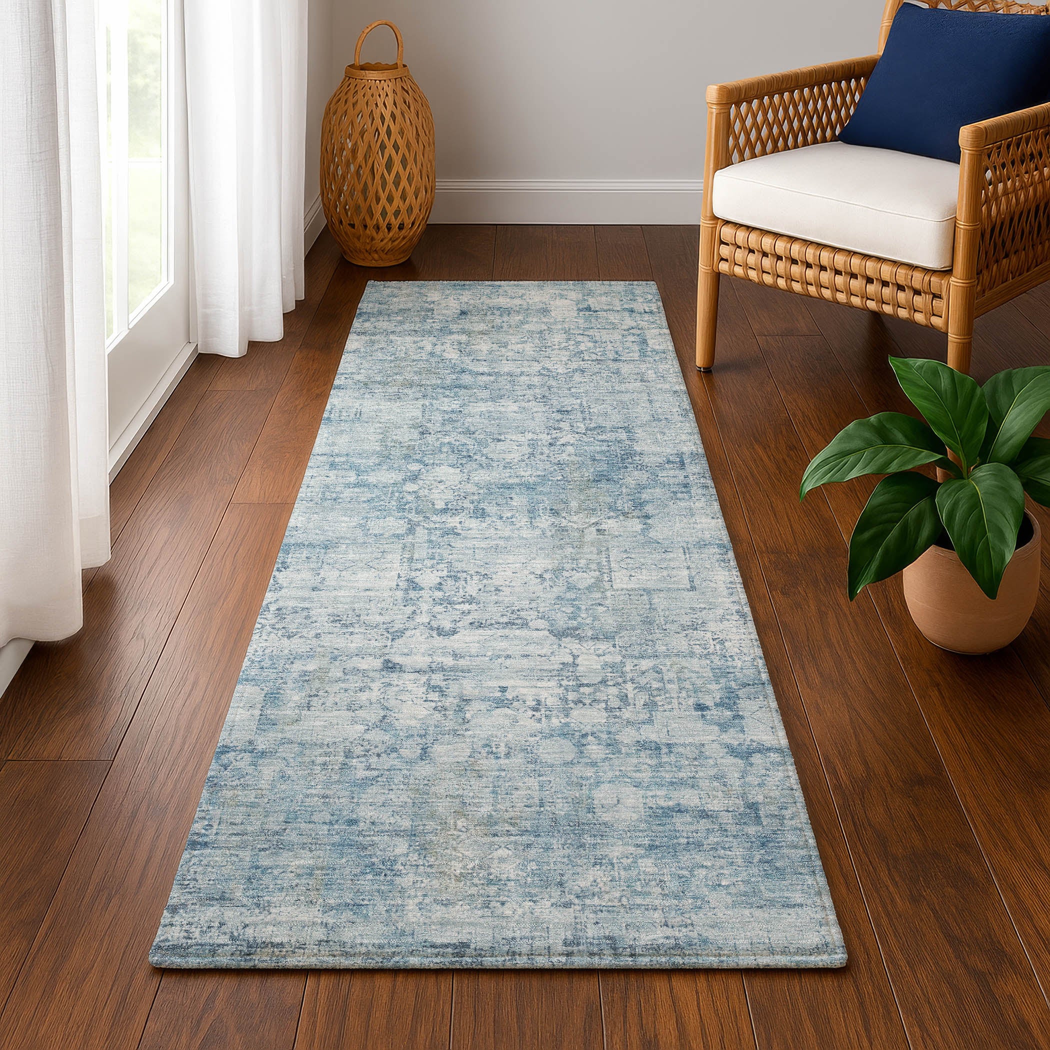 Bern Machine Washable Transitional Blue Rug 2'3" x 7'6" #shape_Runner
