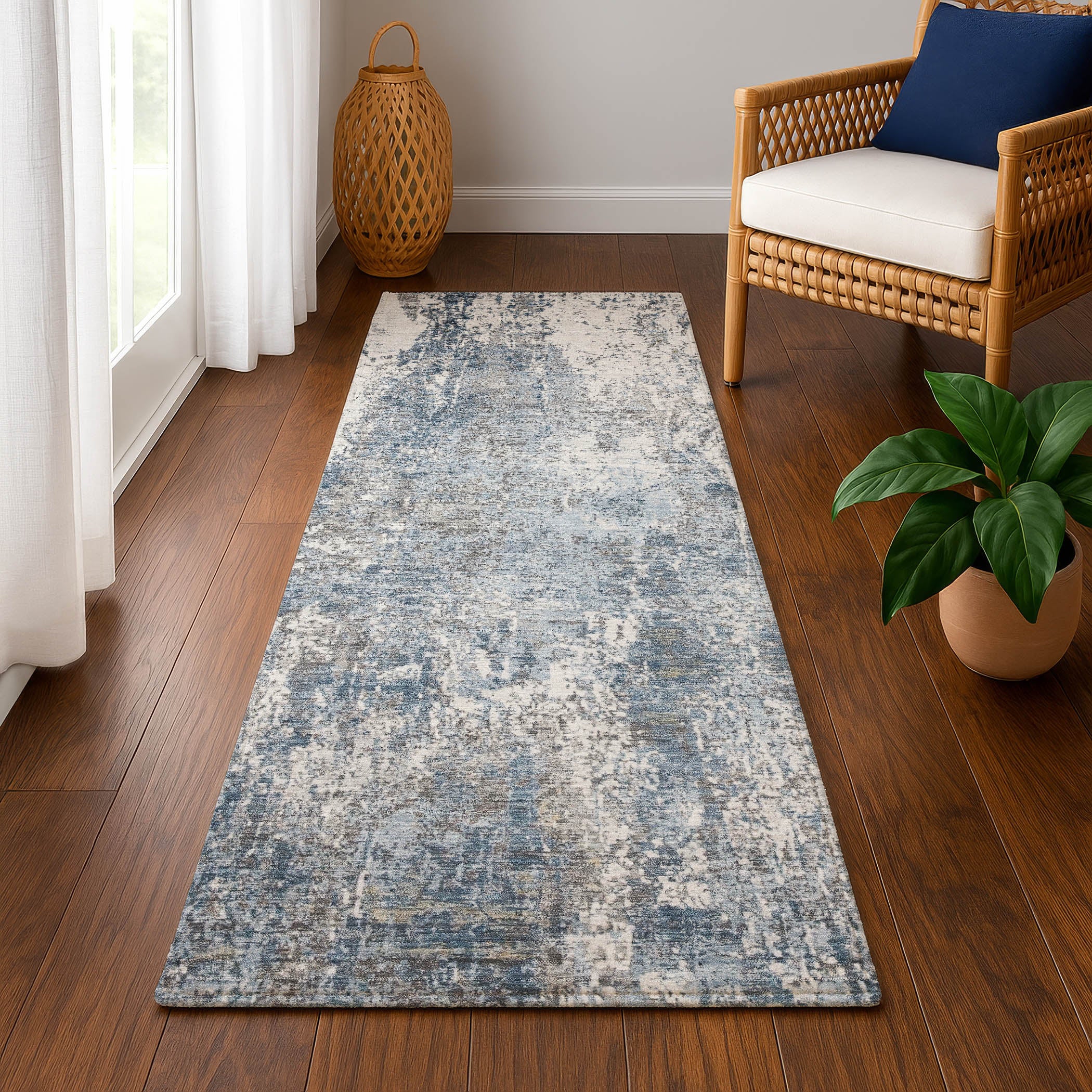 Oslo Machine Washable Transitional Blue Rug 2'3" x 7'6" #shape_Runner