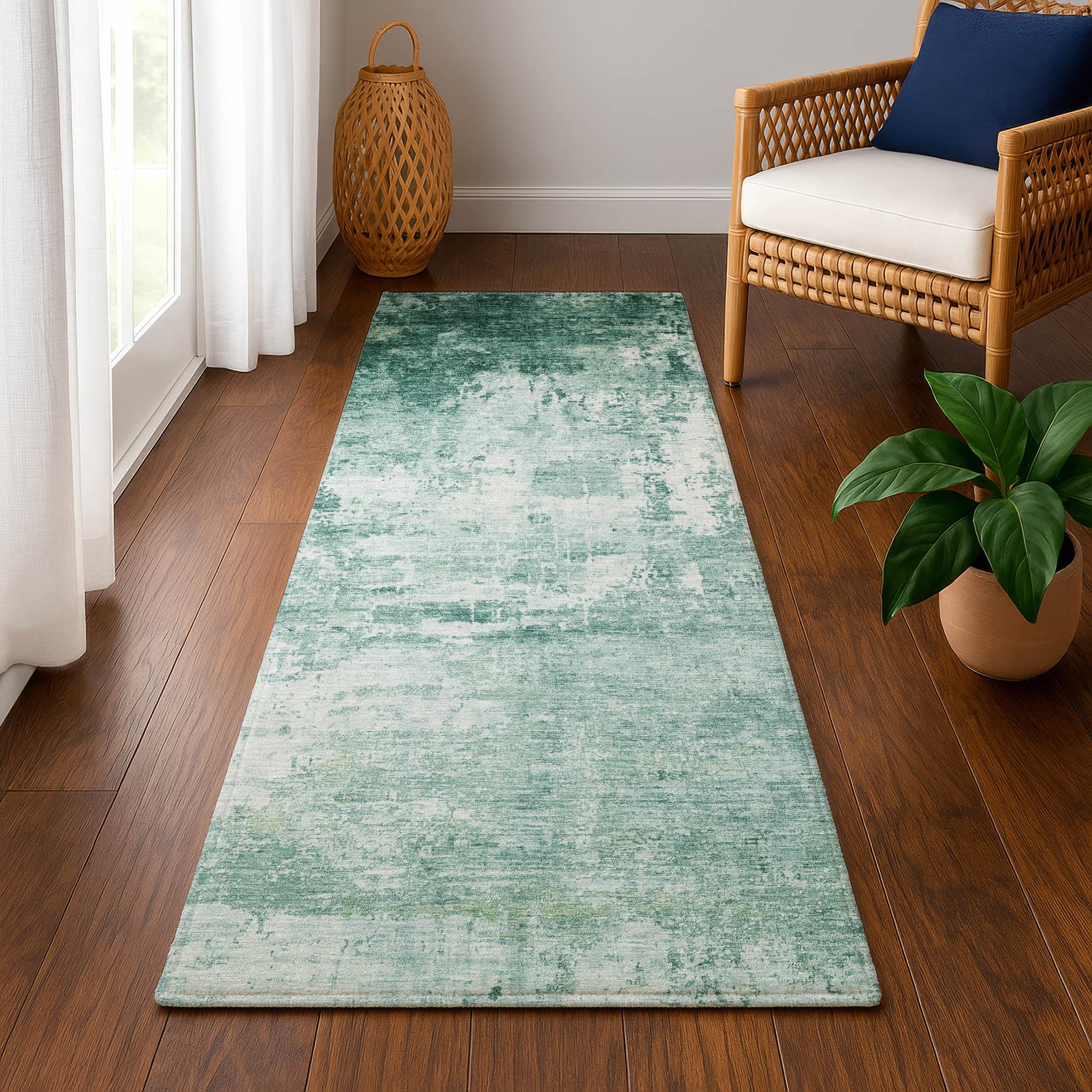 Athens Machine Washable Transitional Aqua Teal Rug 2'3" x 7'6" #shape_Runner