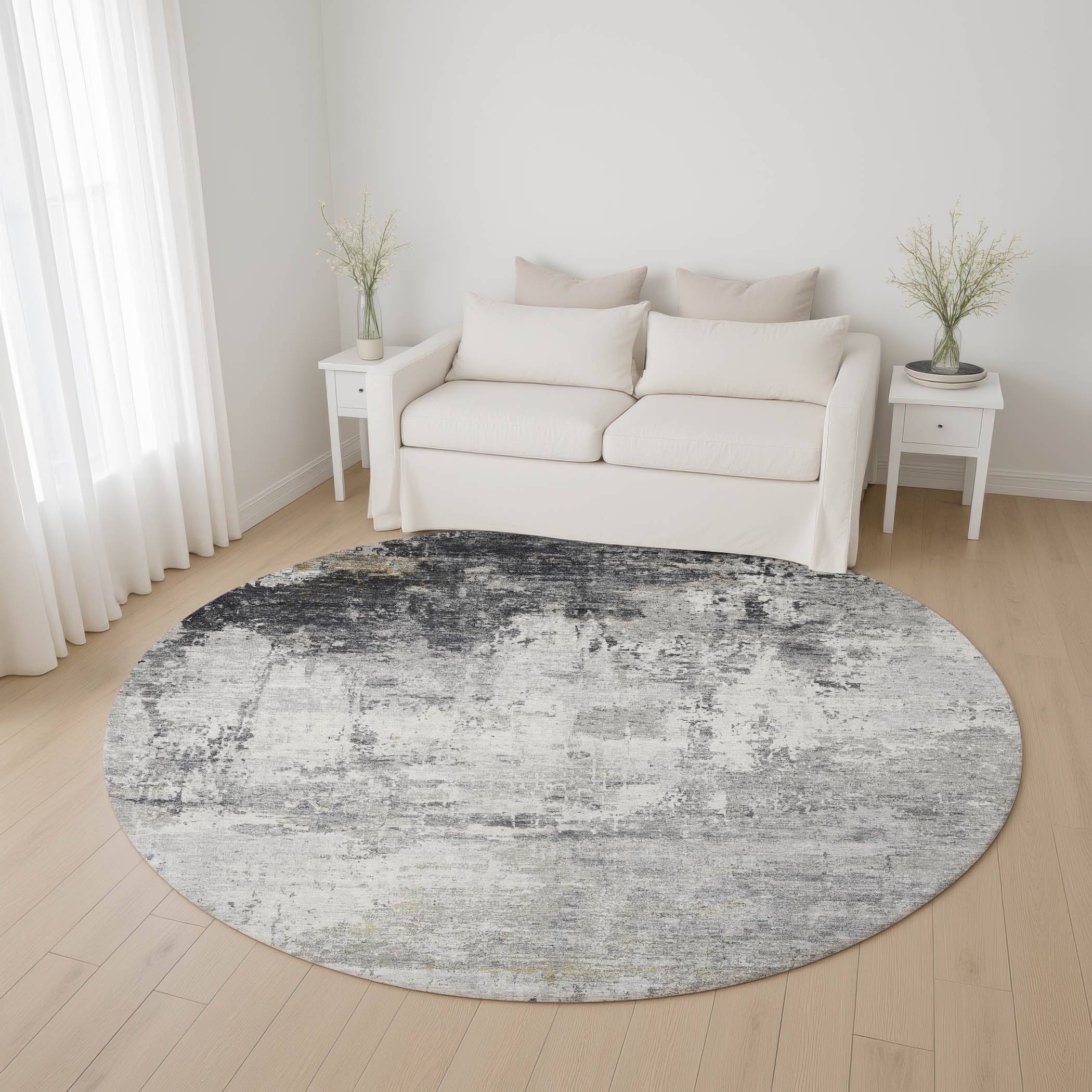 Athens Machine Washable Transitional Gray Rug 8' x 8' #shape_Round