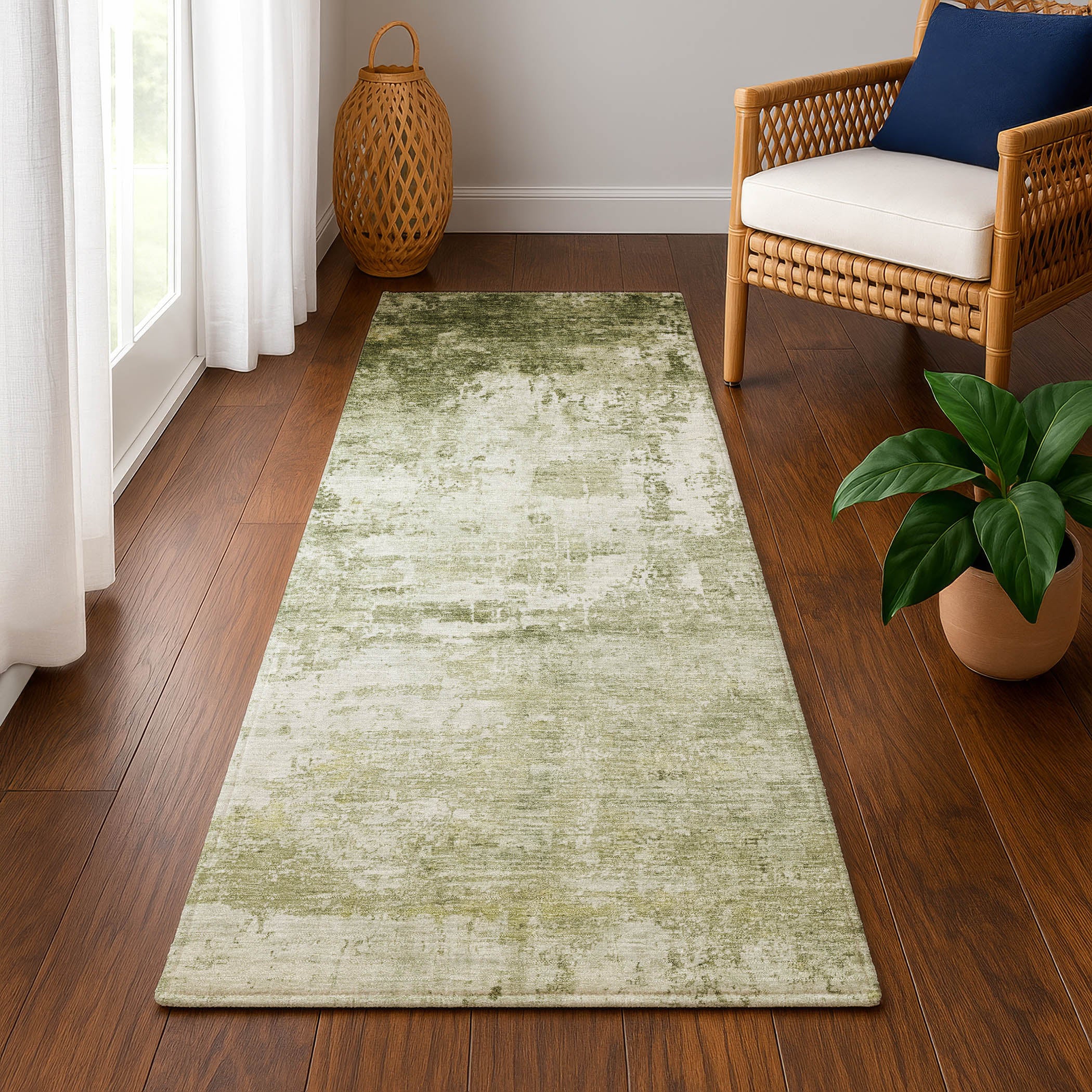 Athens Machine Washable Transitional Sage Green Rug 2'3" x 7'6" #shape_Runner