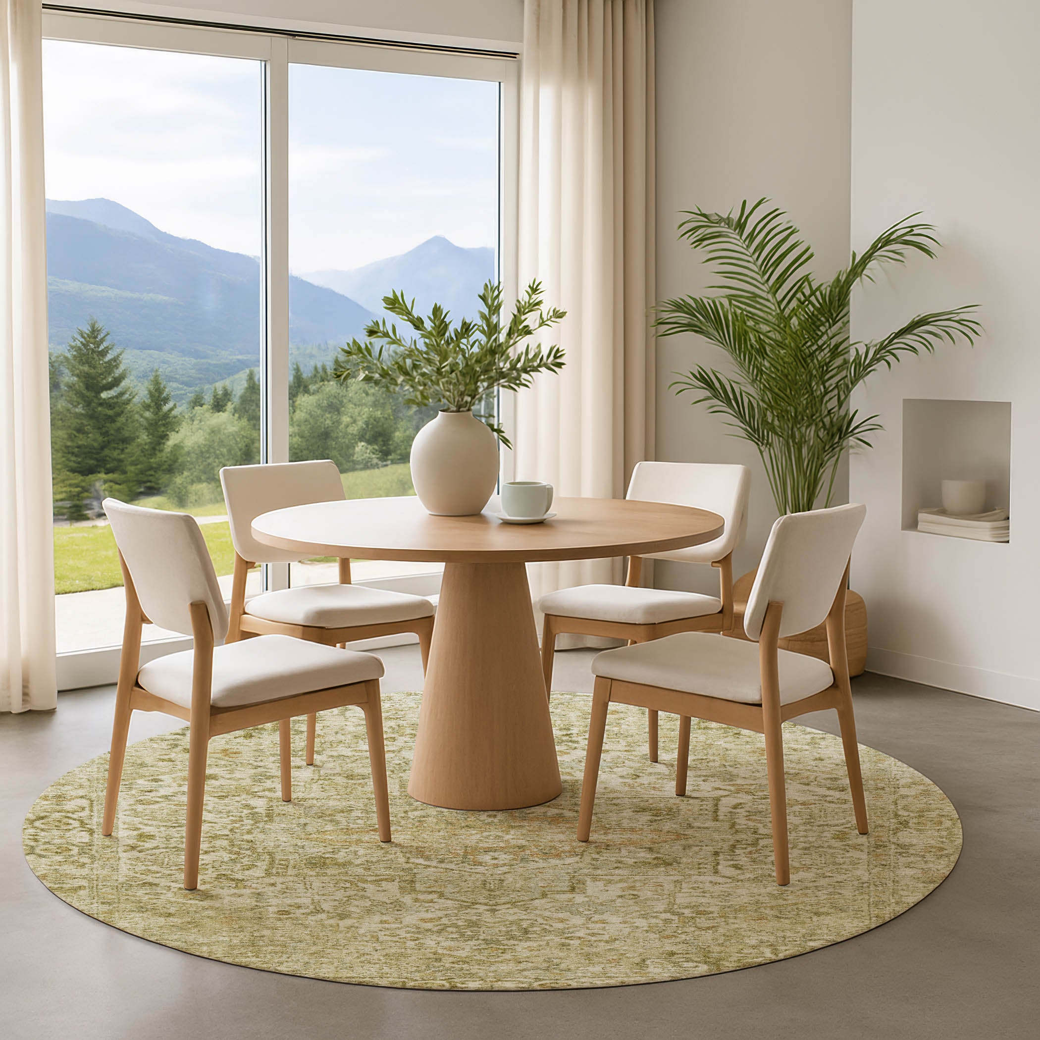 Split Machine Washable Traditional Beige Brown Rug 8' x 8' #shape_Round