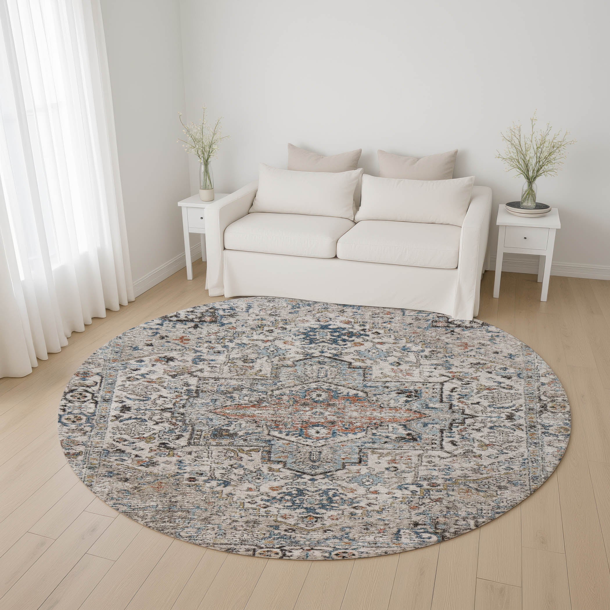Split Machine Washable Traditional Ivory Rug 8' x 8' #shape_Round