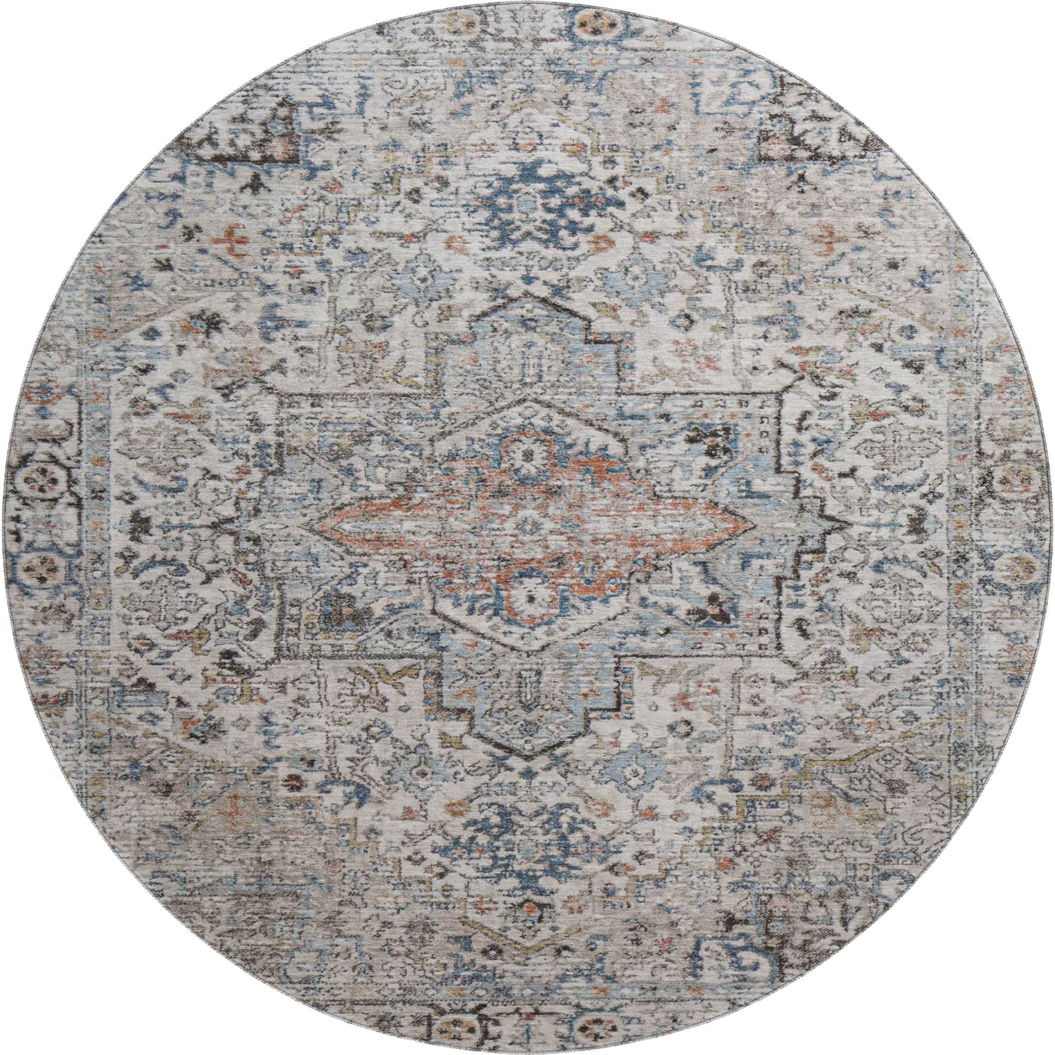 Split Machine Washable Traditional Ivory Rug 8' x 8' #shape_Round