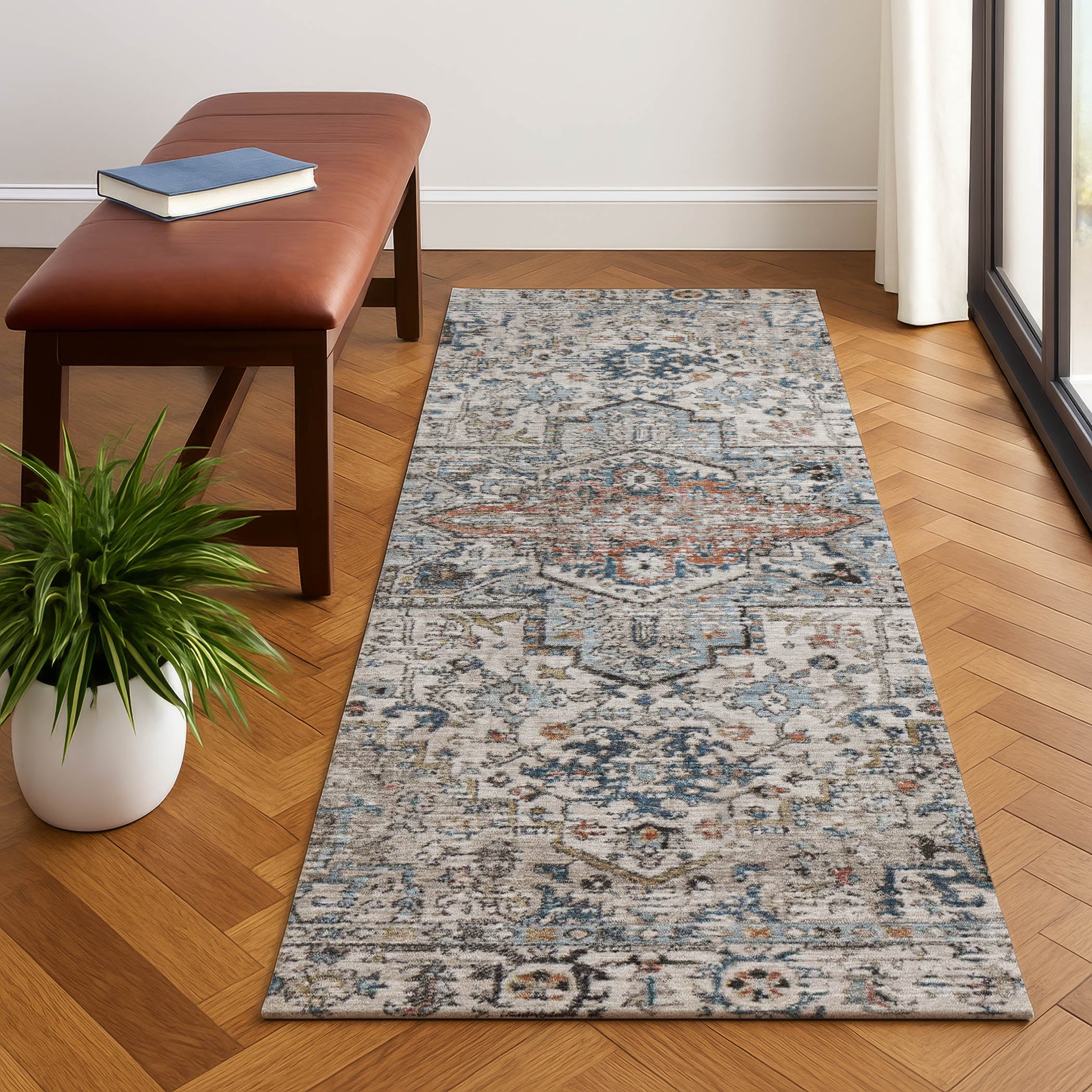 Split Machine Washable Traditional Ivory Rug 2'3" x 7'6" #shape_Runner
