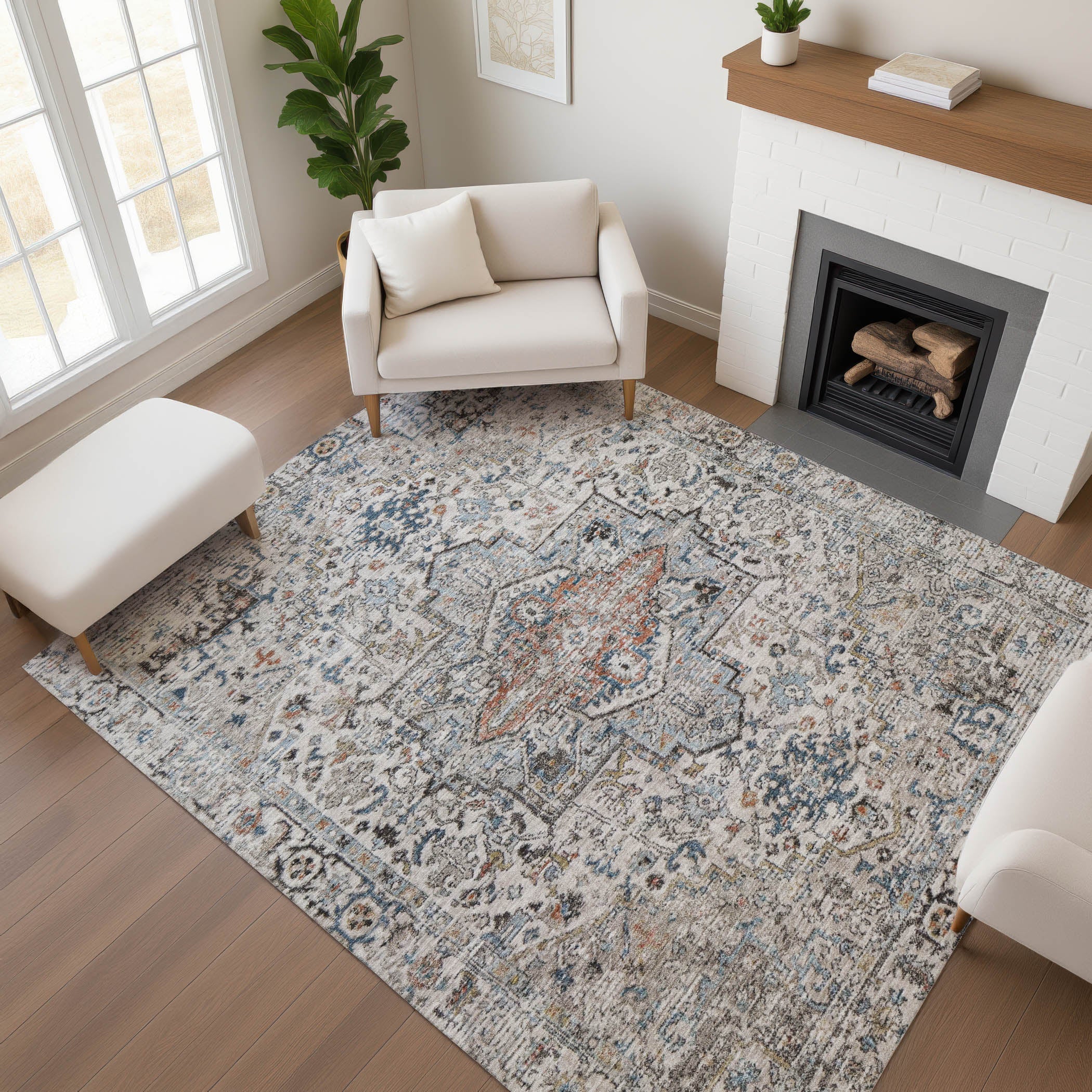 Split Machine Washable Traditional Ivory Rug 2'6" x 3'10" #shape_Rectangle