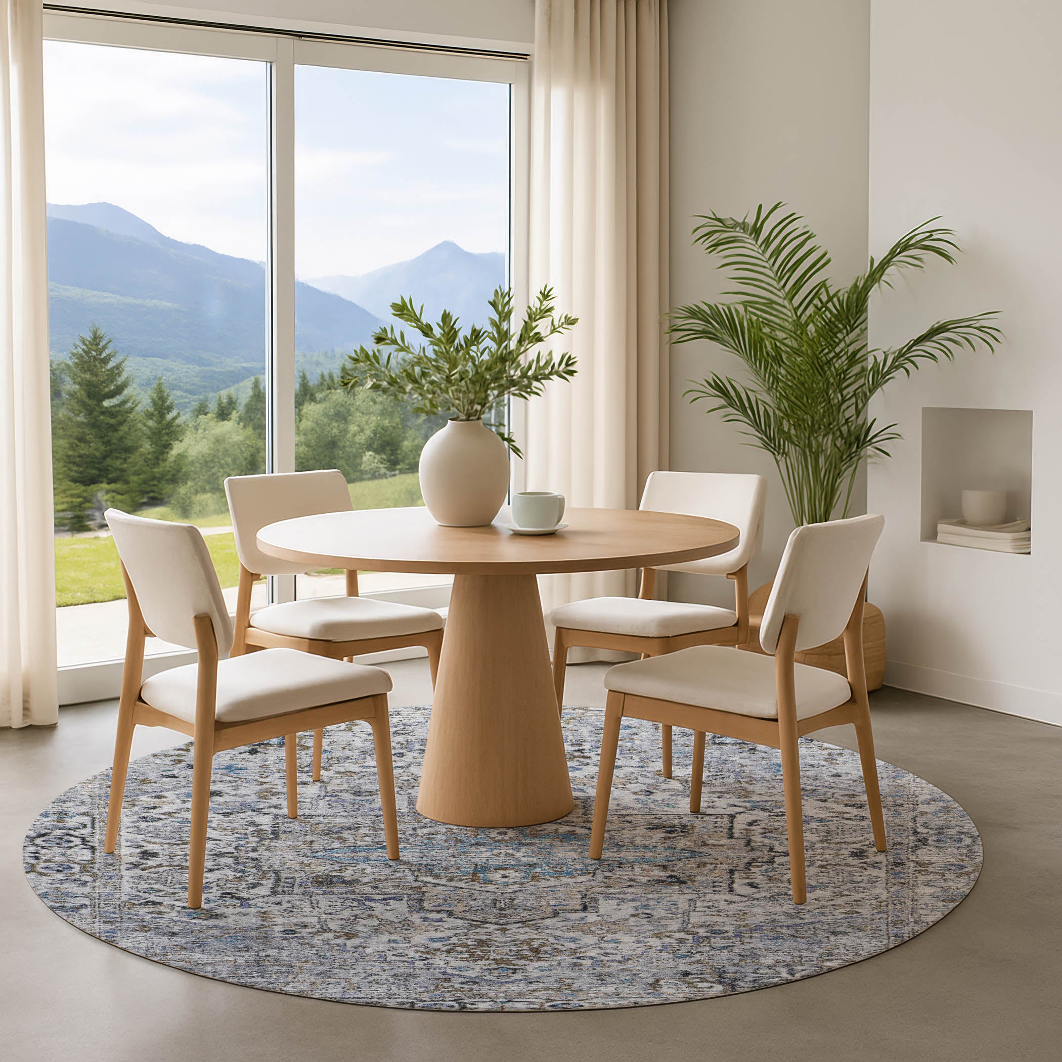 Split Machine Washable Traditional Linen Ivory Rug 8' x 8' #shape_Round