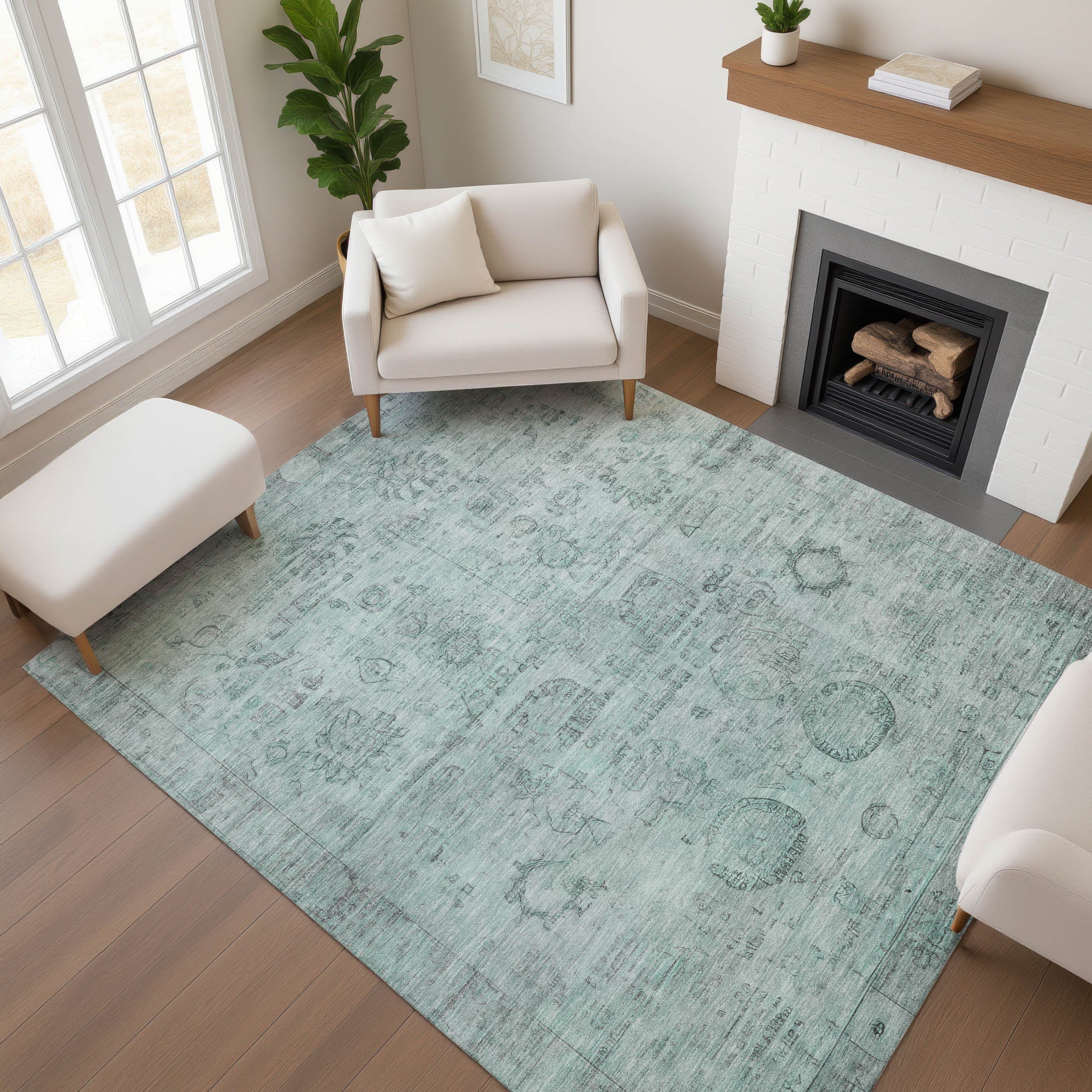 Santorini Machine Washable Transitional Aqua Teal Rug 2'6" x 3'10" #shape_Rectangle