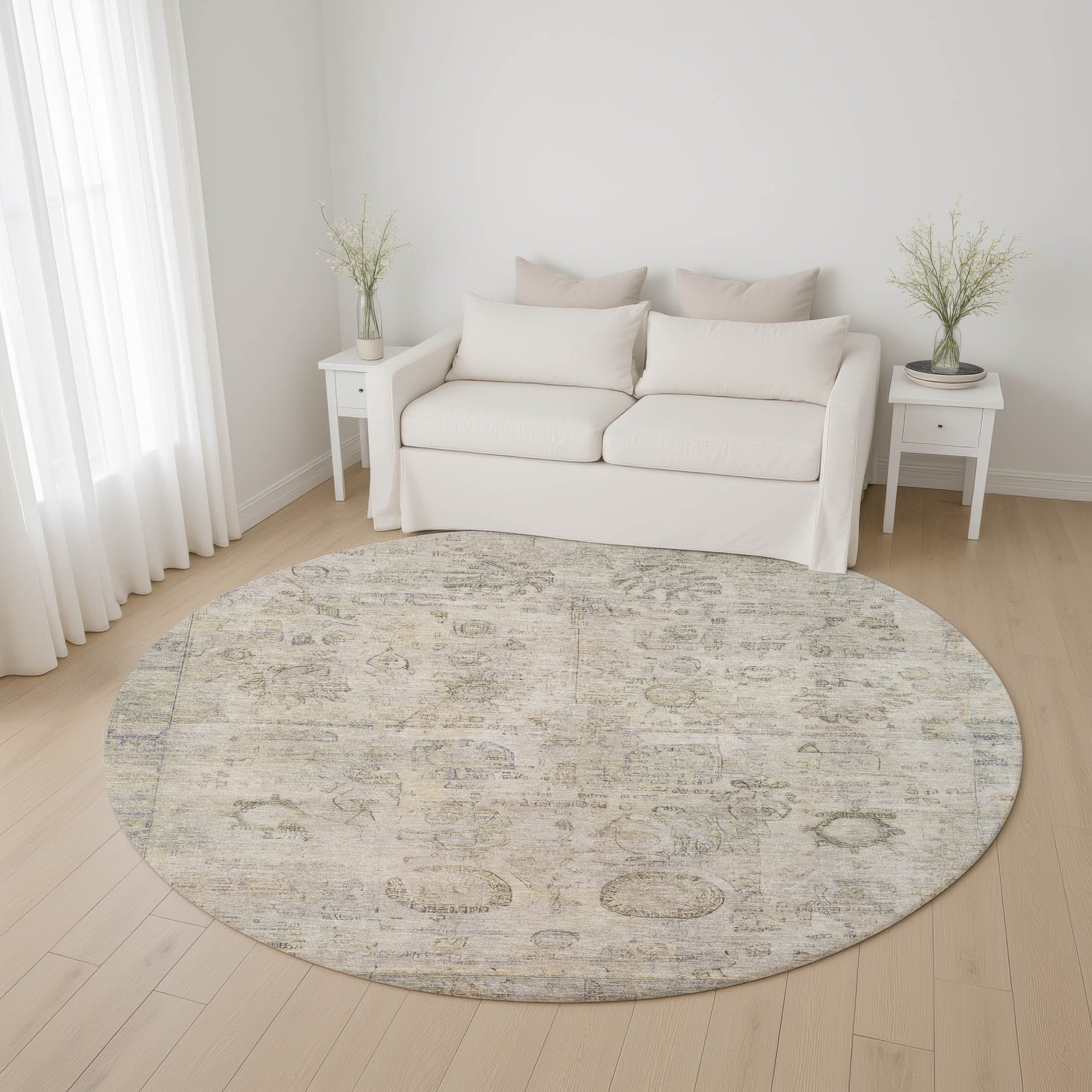 Santorini Machine Washable Transitional Linen Ivory Rug 8' x 8' #shape_Round