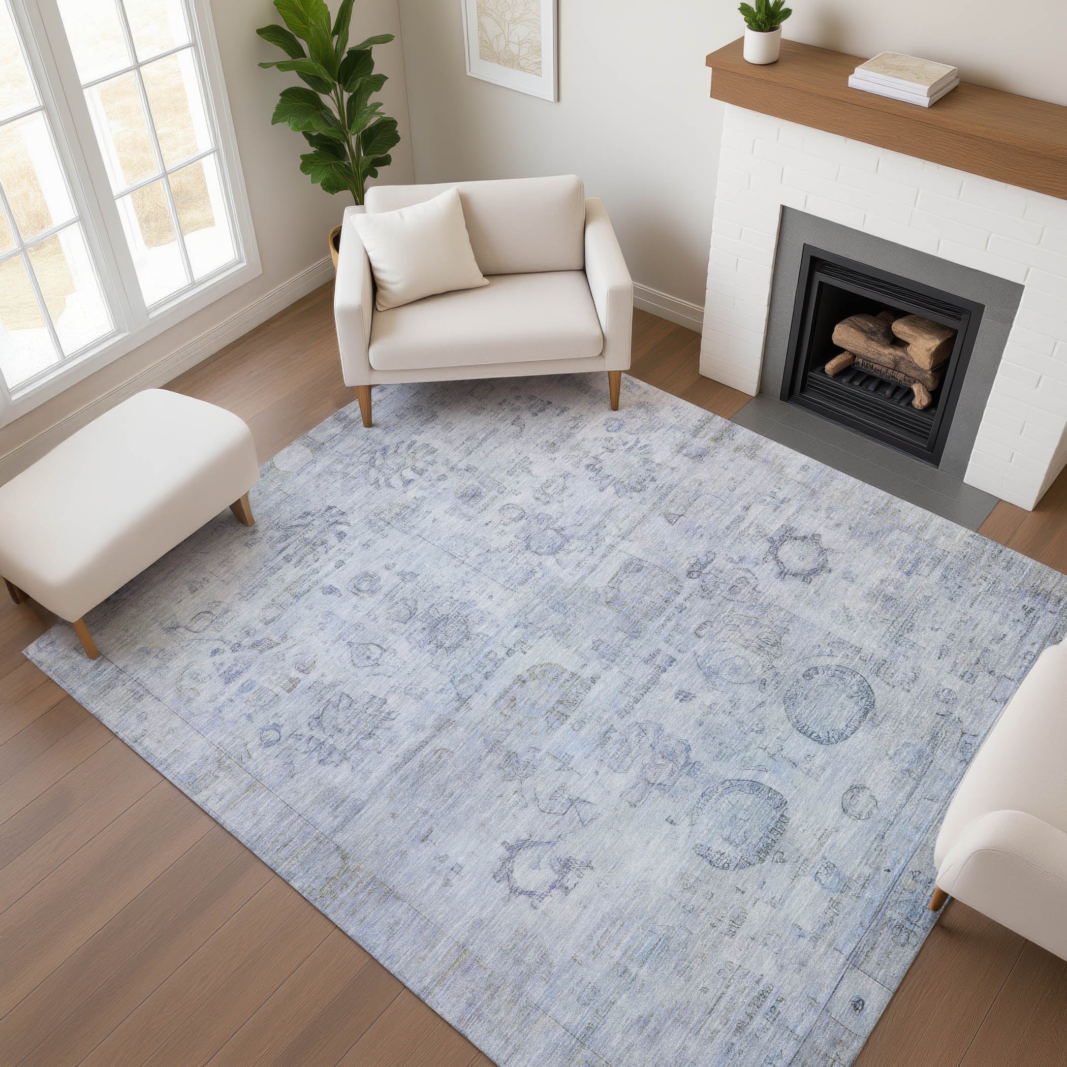 Santorini Machine Washable Transitional Sky Blue Rug 2'6" x 3'10" #shape_Rectangle