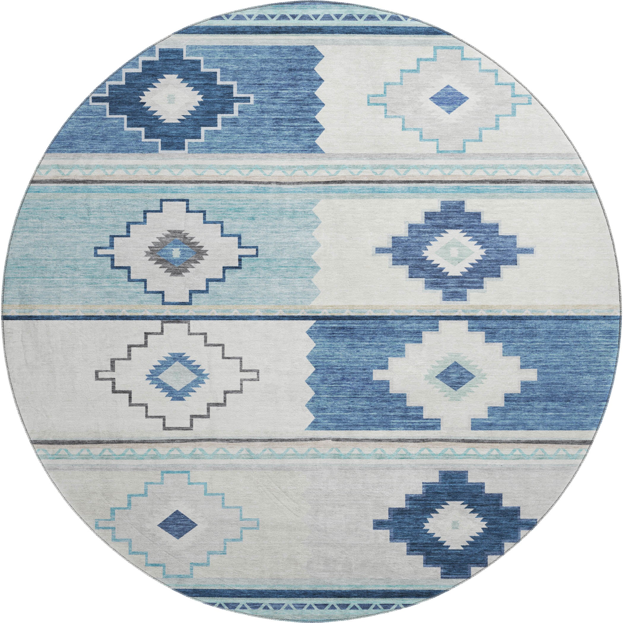 Havana Machine Washable Southwest Blue Ivory Rug 8' x 8' #shape_Round