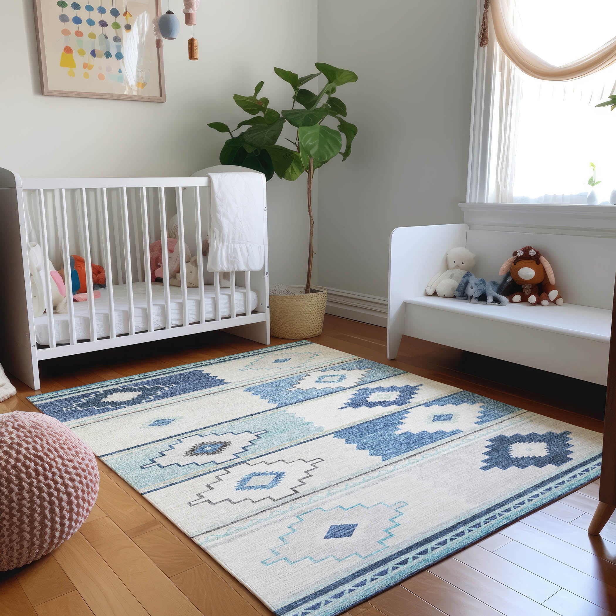 Havana Machine Washable Southwest Blue Ivory Rug 2'6" x 3'10" #shape_Rectangle