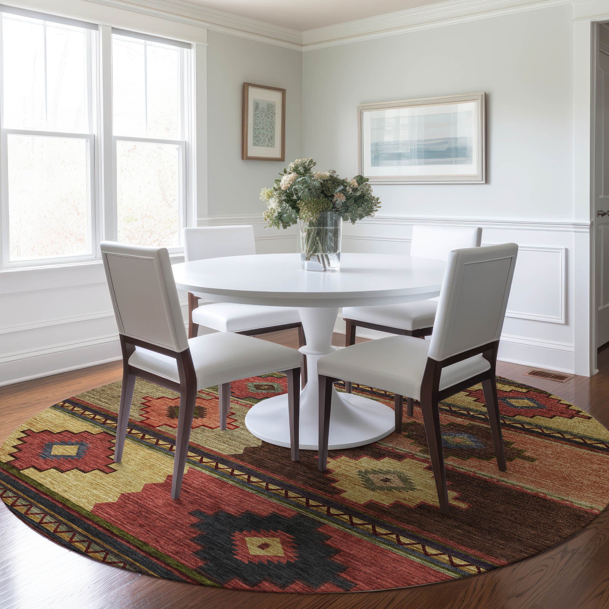 Havana Machine Washable Southwest Paprika Brown Rug 8' x 8' #shape_Round