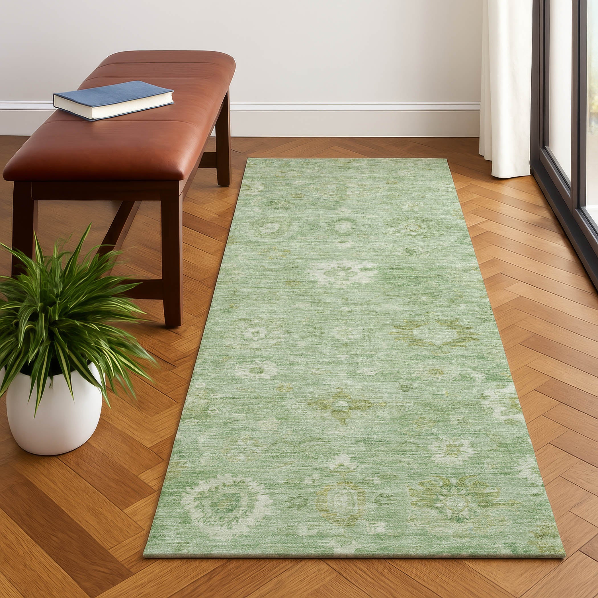 Ghent Machine Washable Transitional Aloe Green Rug 2'3" x 7'6" #shape_Runner
