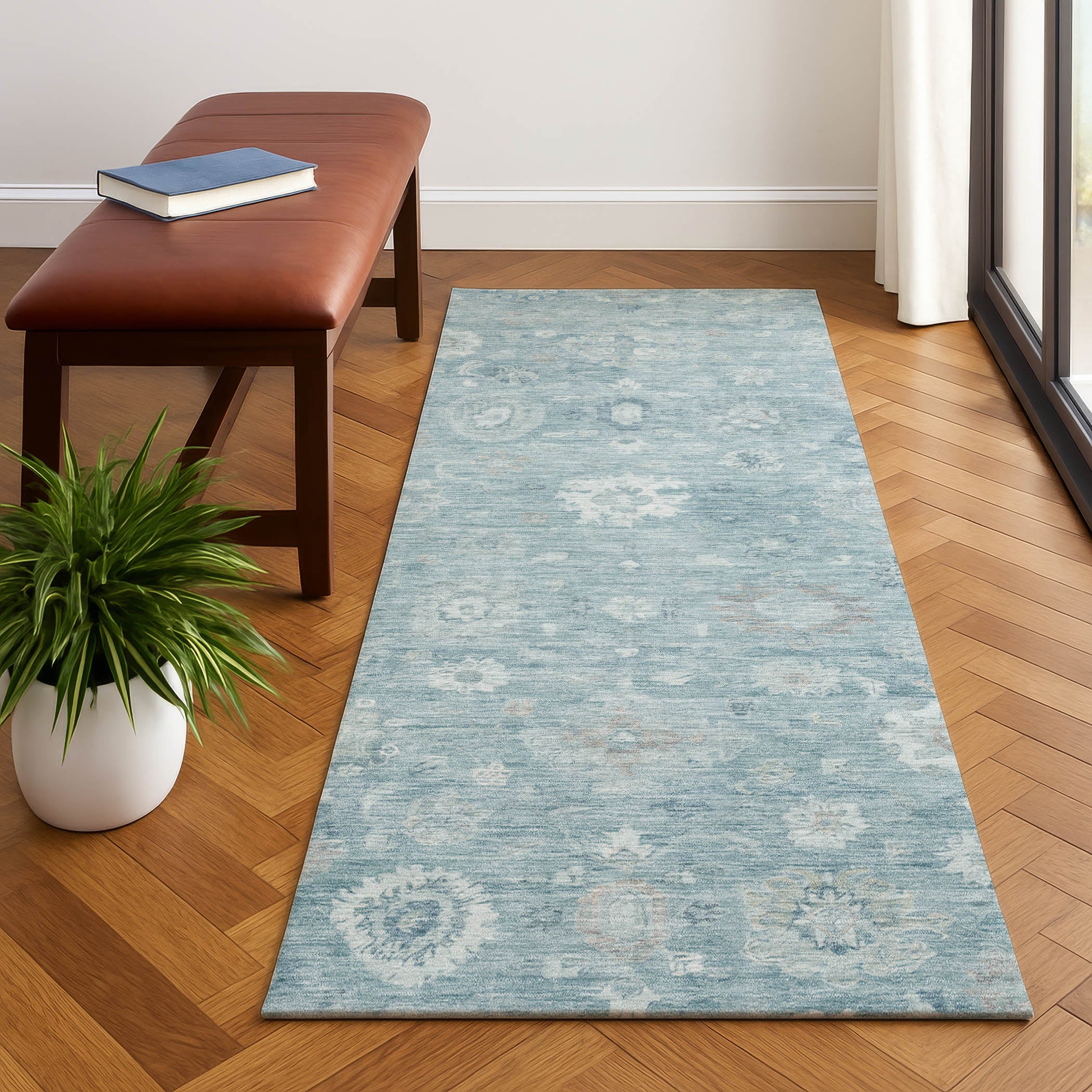 Ghent Machine Washable Transitional Blue Rug 2'3" x 7'6" #shape_Runner