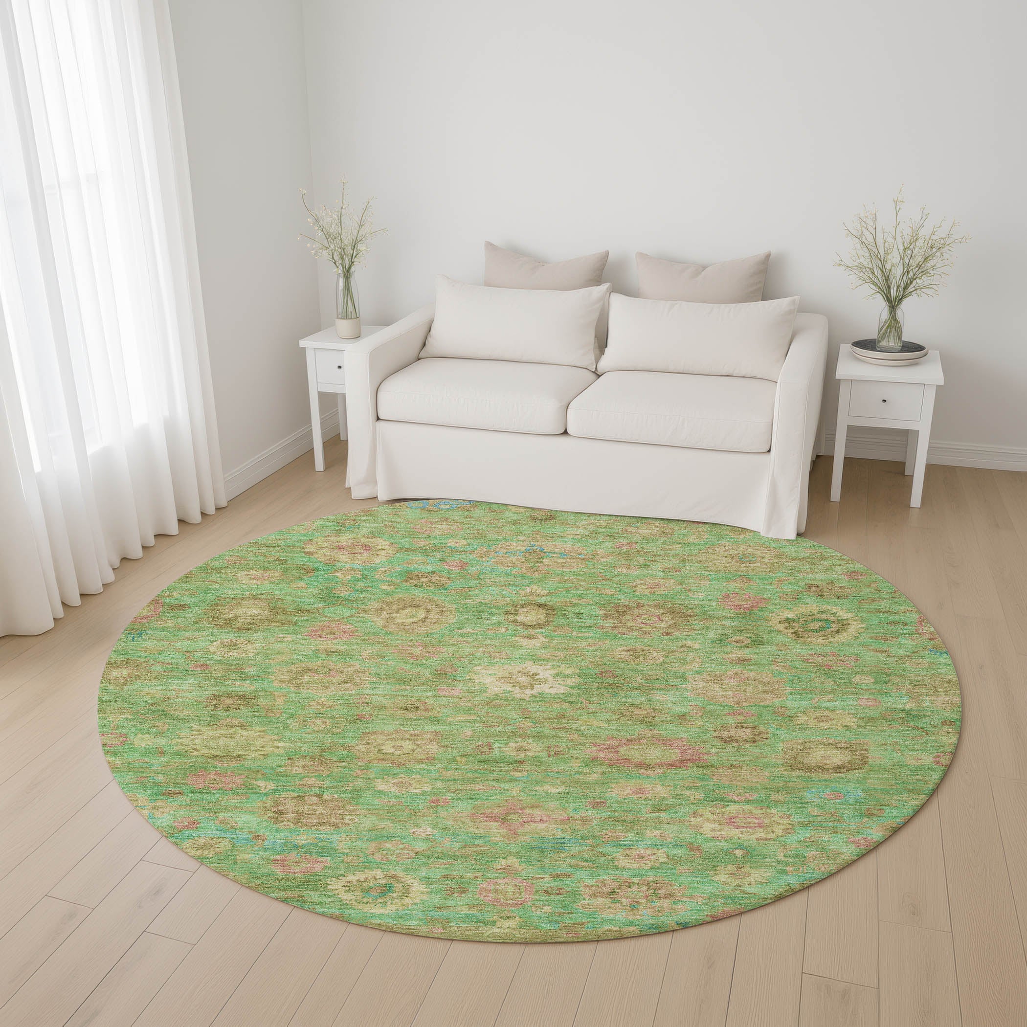 Ghent Machine Washable Transitional Lime Green Rug 8' x 8' #shape_Round
