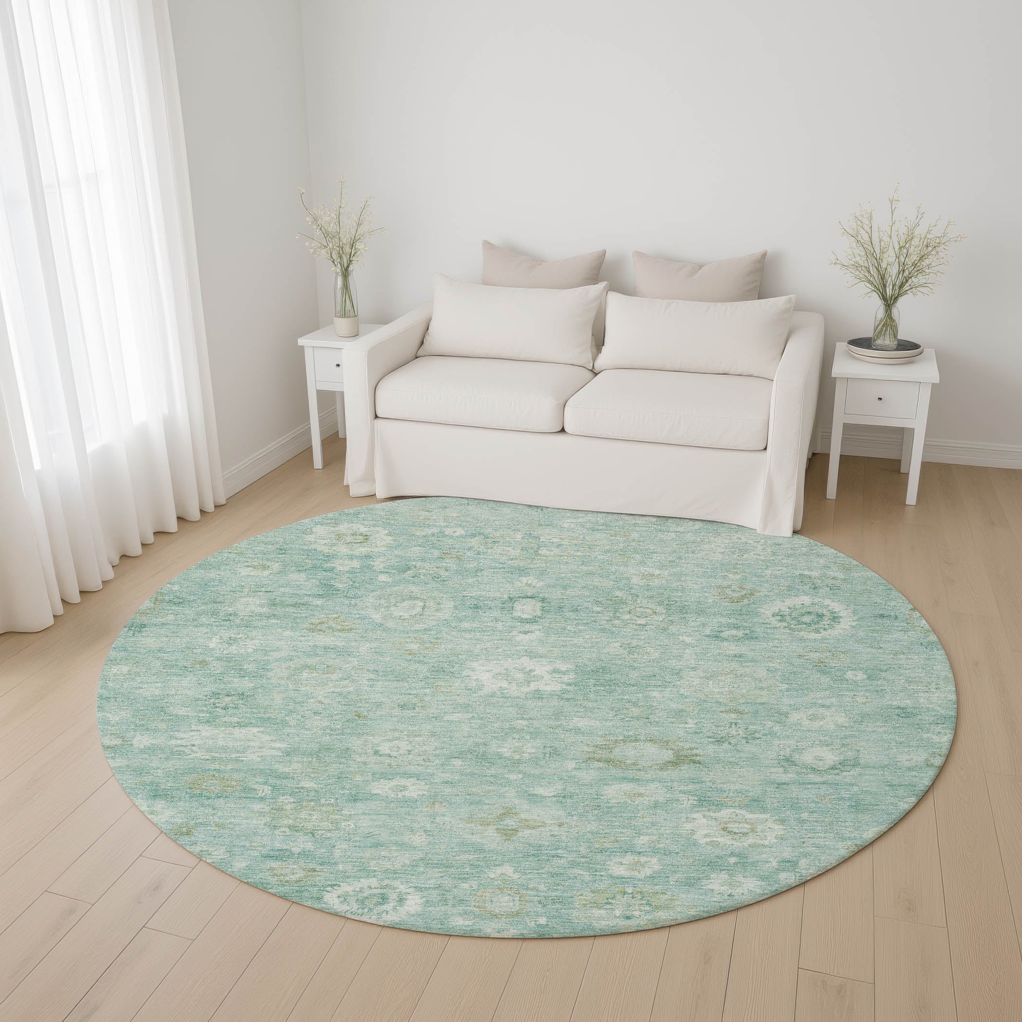 Ghent Machine Washable Transitional Teal Rug 8' x 8' #shape_Round