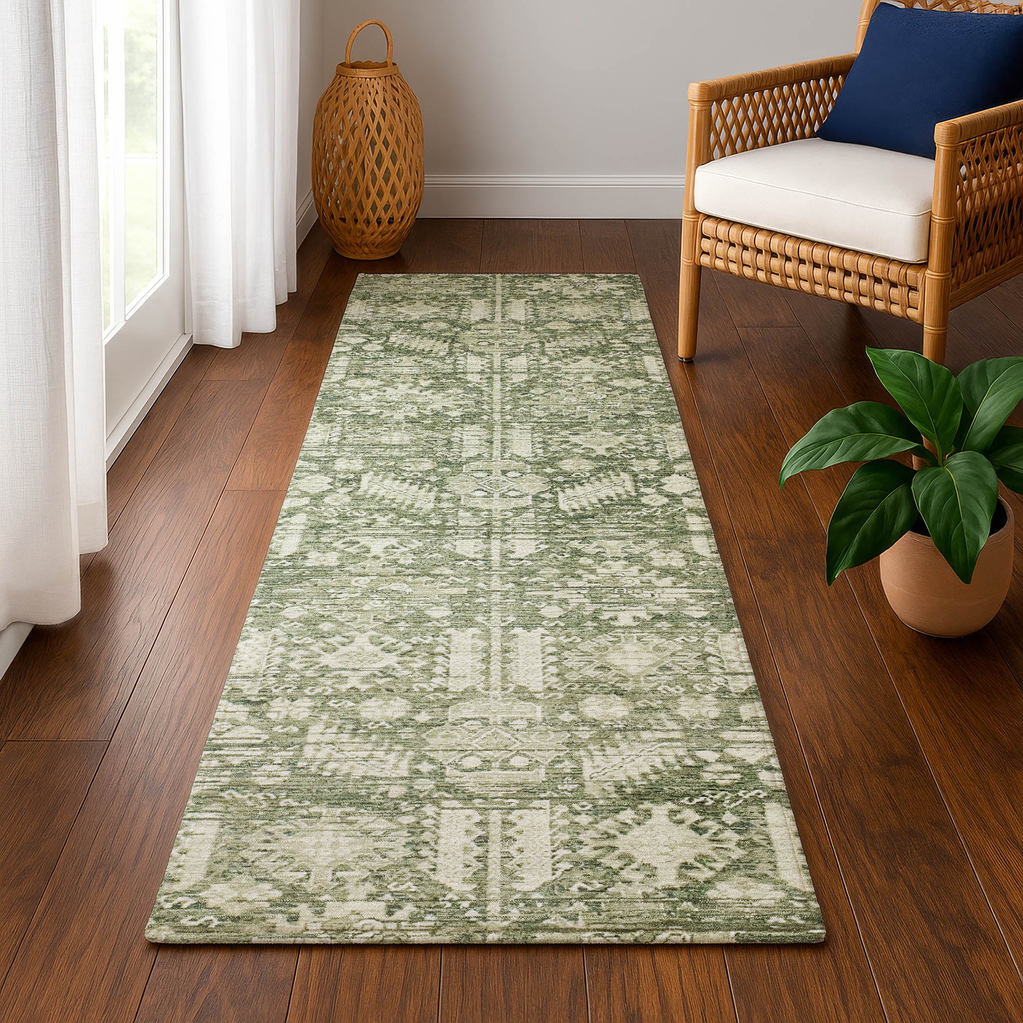 Bern Machine Washable Transitional Aloe Green Rug 2'3" x 7'6" #shape_Runner