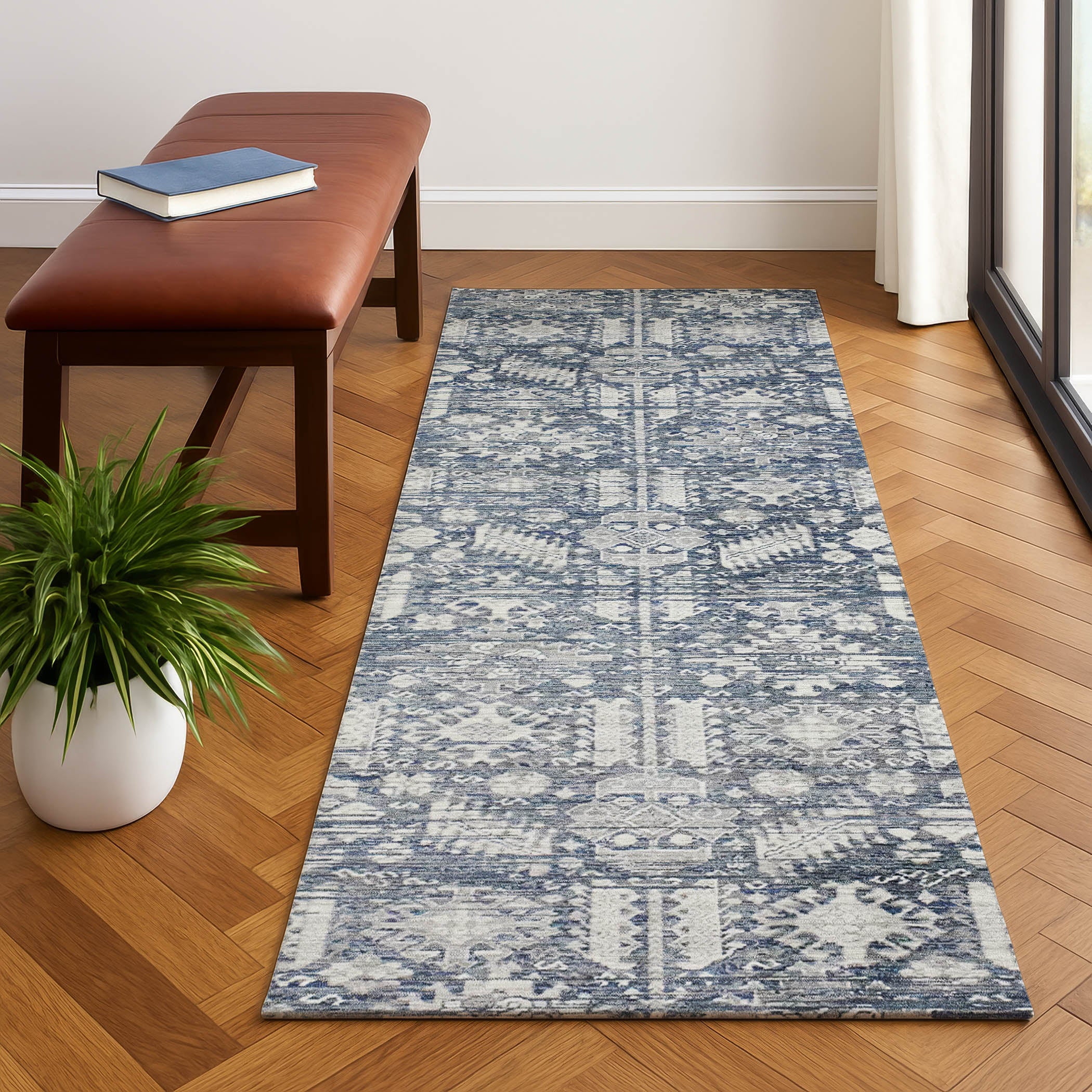 Bern Machine Washable Transitional Blue Rug 2'3" x 7'6" #shape_Runner