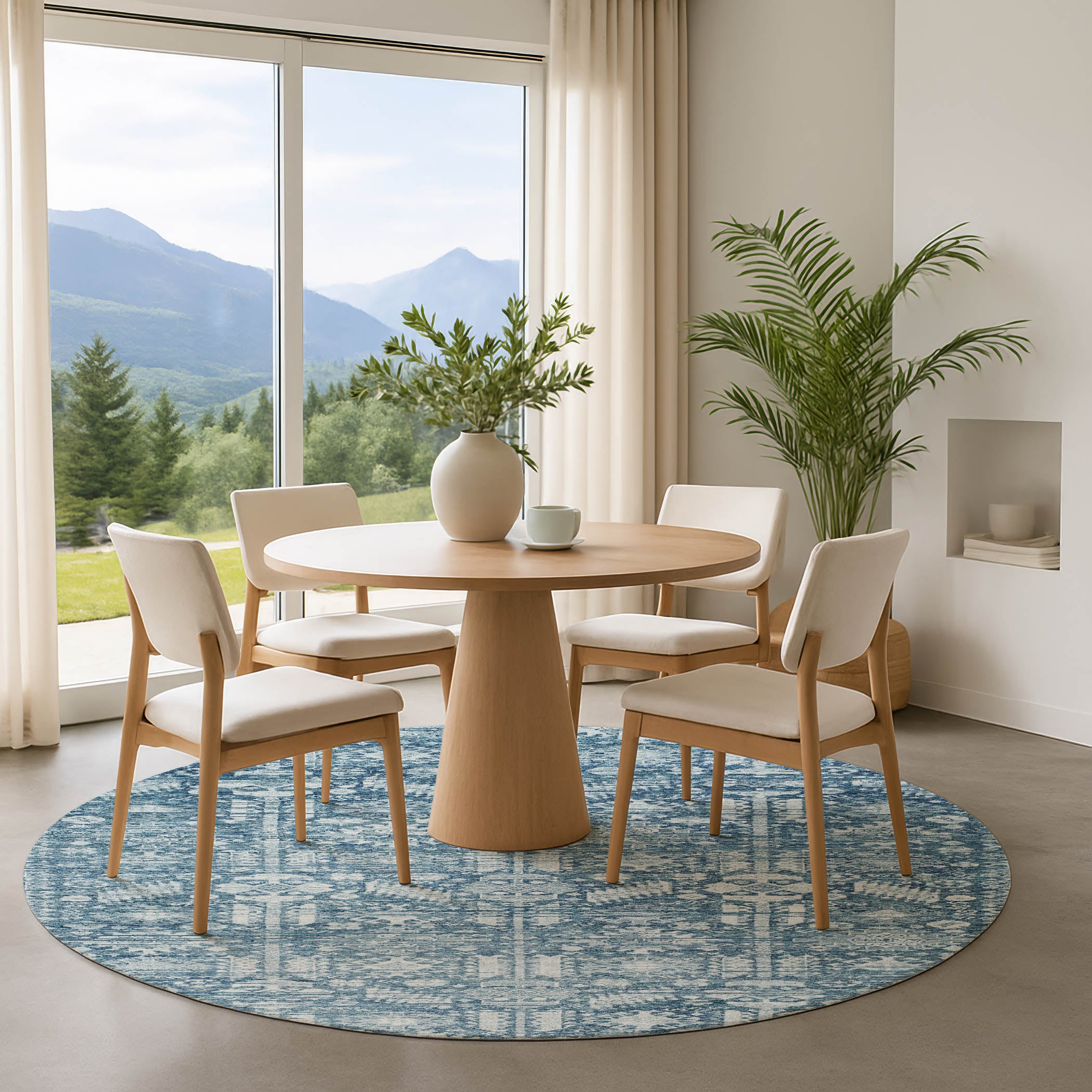 Bern Machine Washable Transitional Denim Blue Rug 8' x 8' #shape_Round