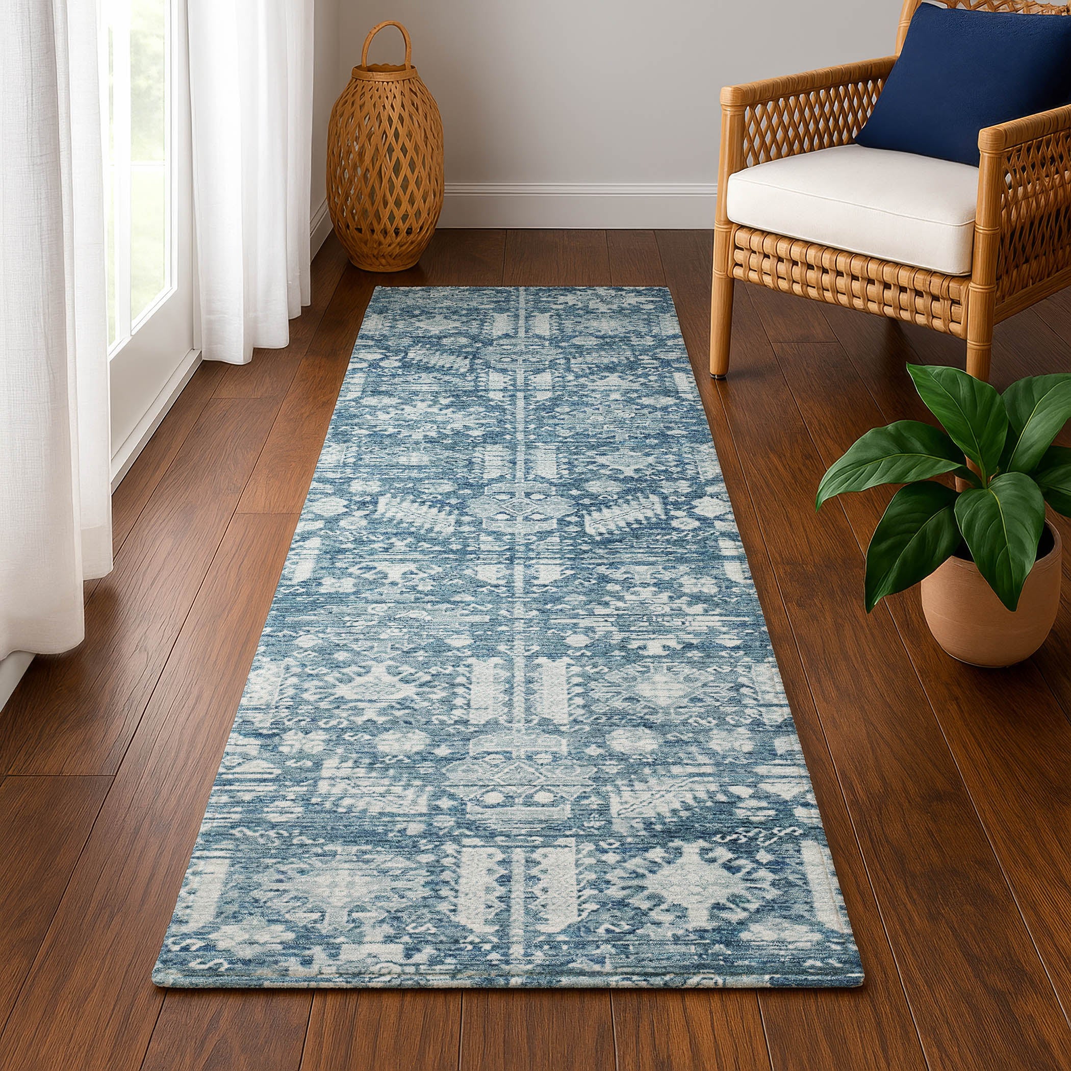 Bern Machine Washable Transitional Denim Blue Rug 2'3" x 7'6" #shape_Runner