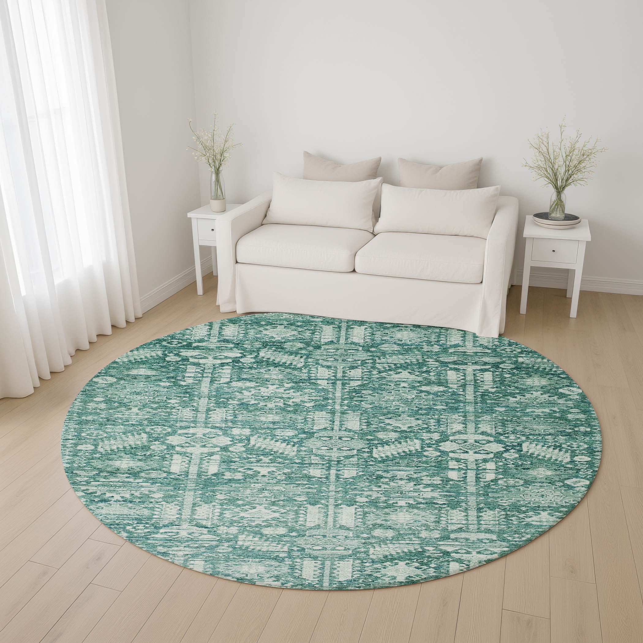Bern Machine Washable Transitional Teal Rug 8' x 8' #shape_Round