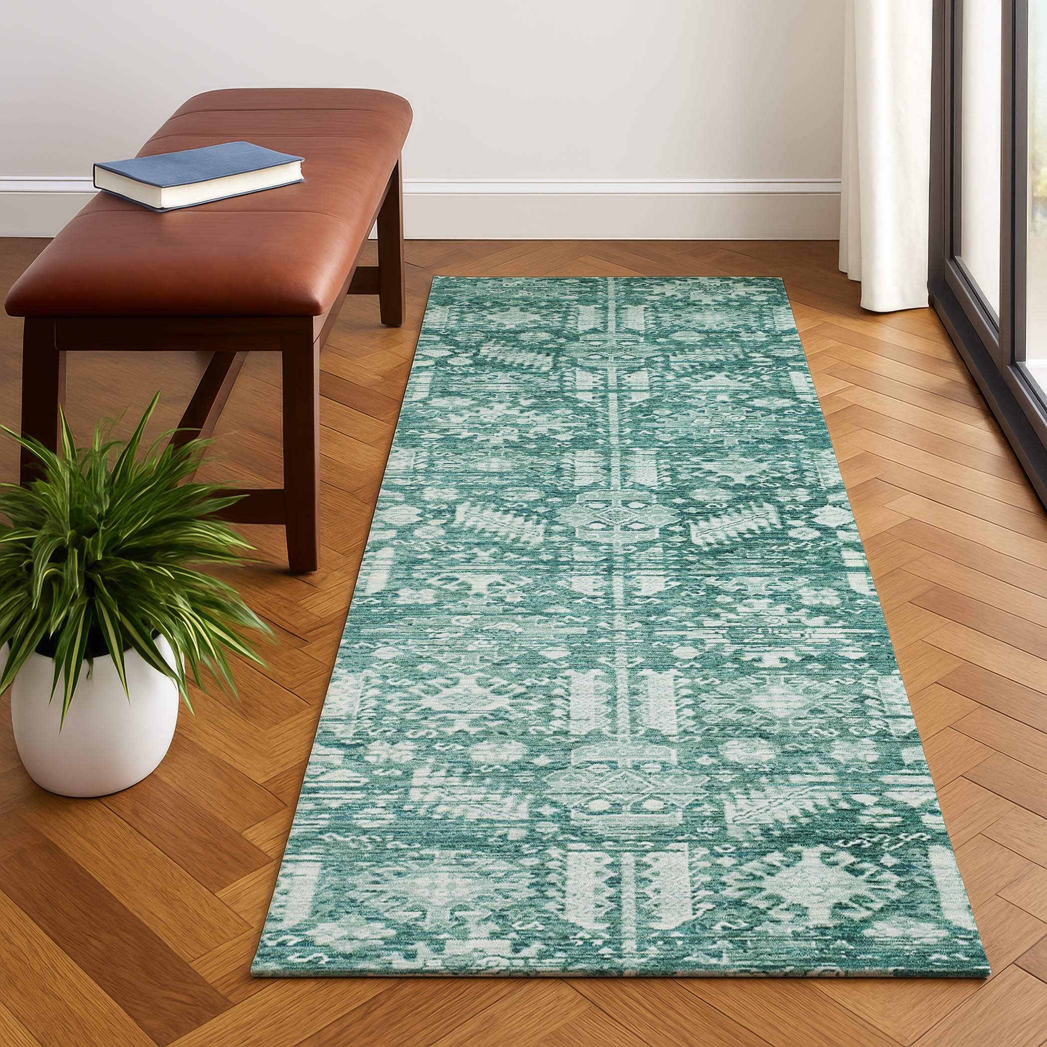 Bern Machine Washable Transitional Teal Rug 2'3" x 7'6" #shape_Runner