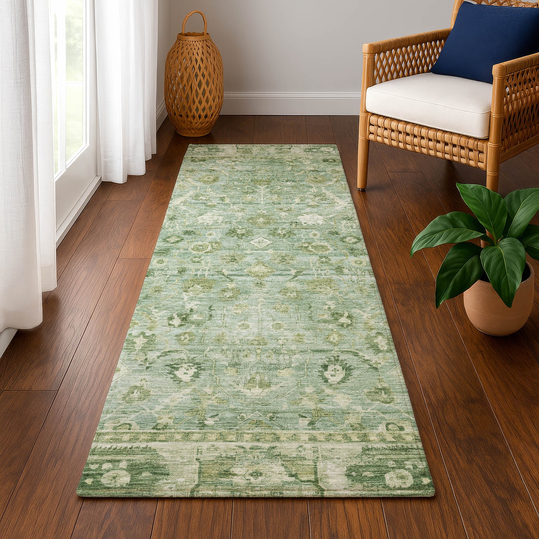 Cairo Machine Washable Traditional Aloe Green Rug 2'3" x 7'6" #shape_Runner