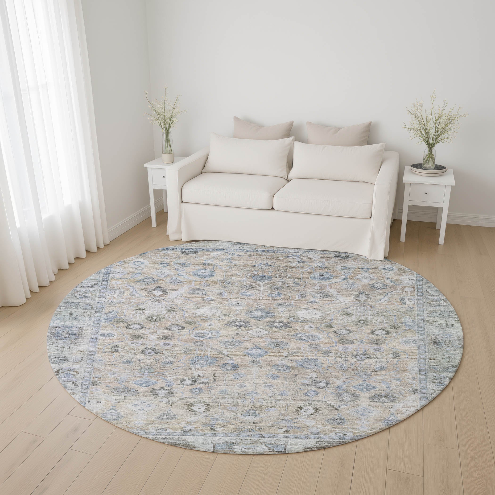 Cairo Machine Washable Traditional Beige Brown Rug 8' x 8' #shape_Round