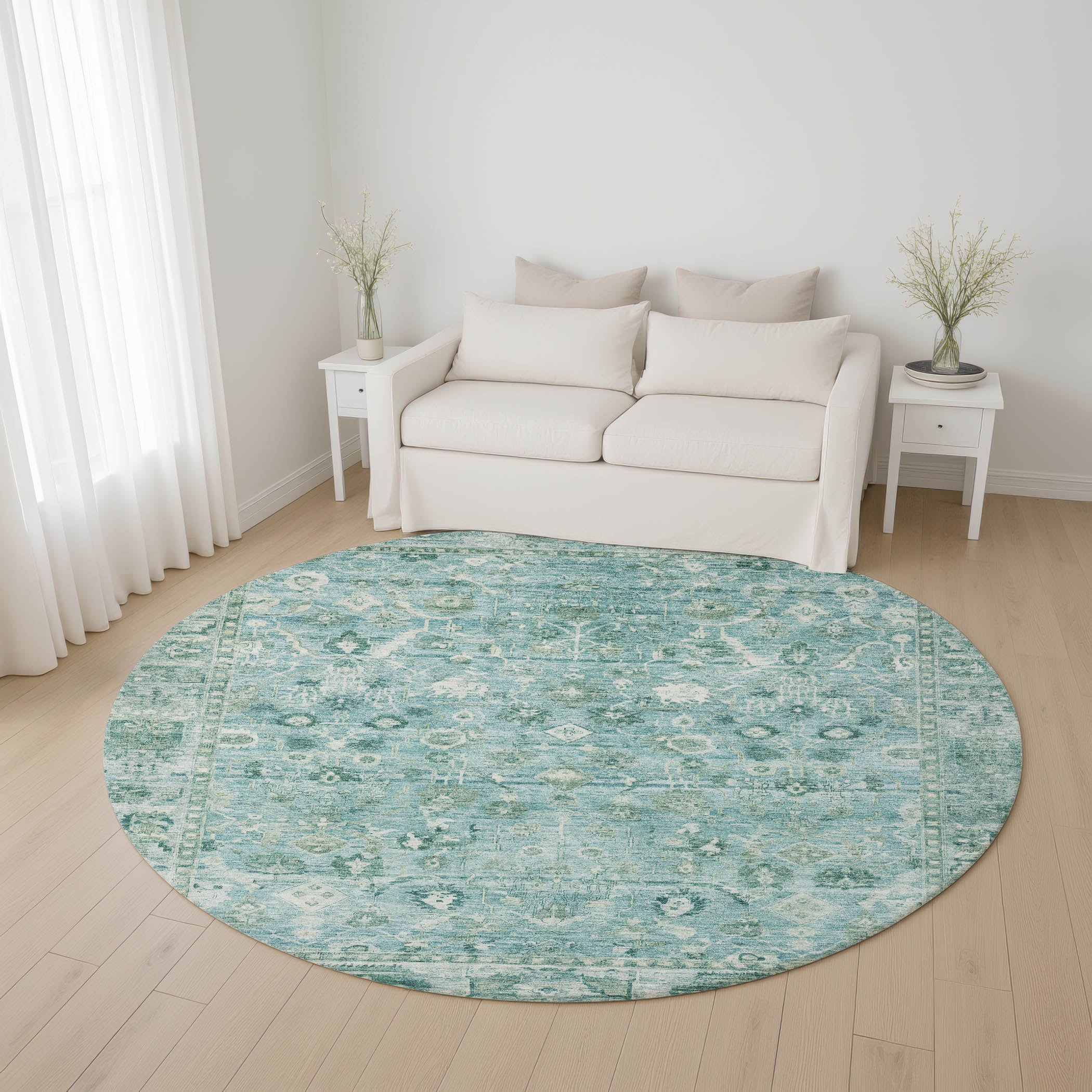 Cairo Machine Washable Traditional Blue Rug 8' x 8' #shape_Round