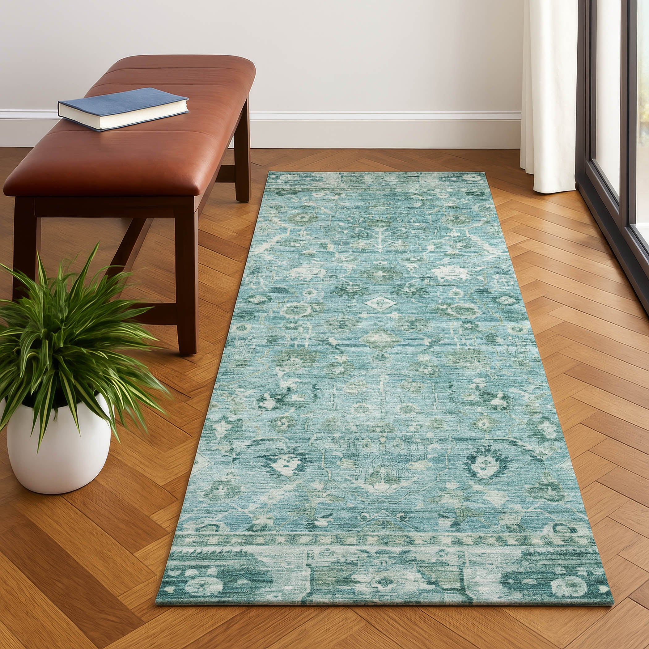 Cairo Machine Washable Traditional Blue Rug 2'3" x 7'6" #shape_Runner
