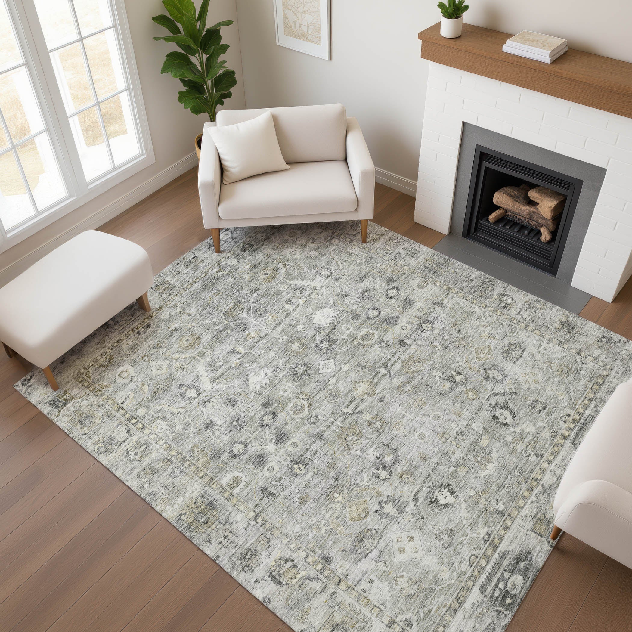 Cairo Machine Washable Traditional Pewter Gray Rug 2'6" x 3'10" #shape_Rectangle